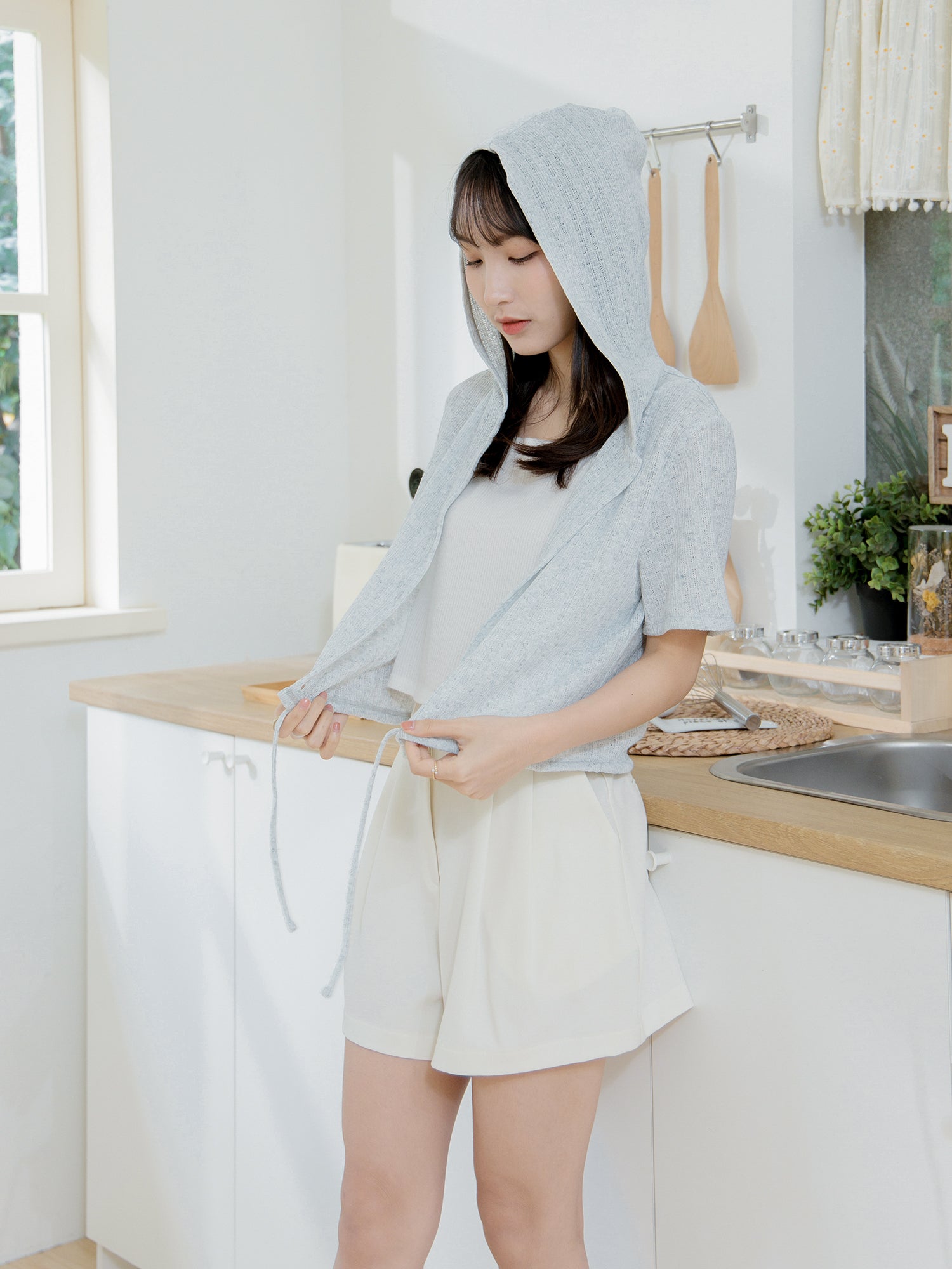 Crochet Hooded Tie Waist Top