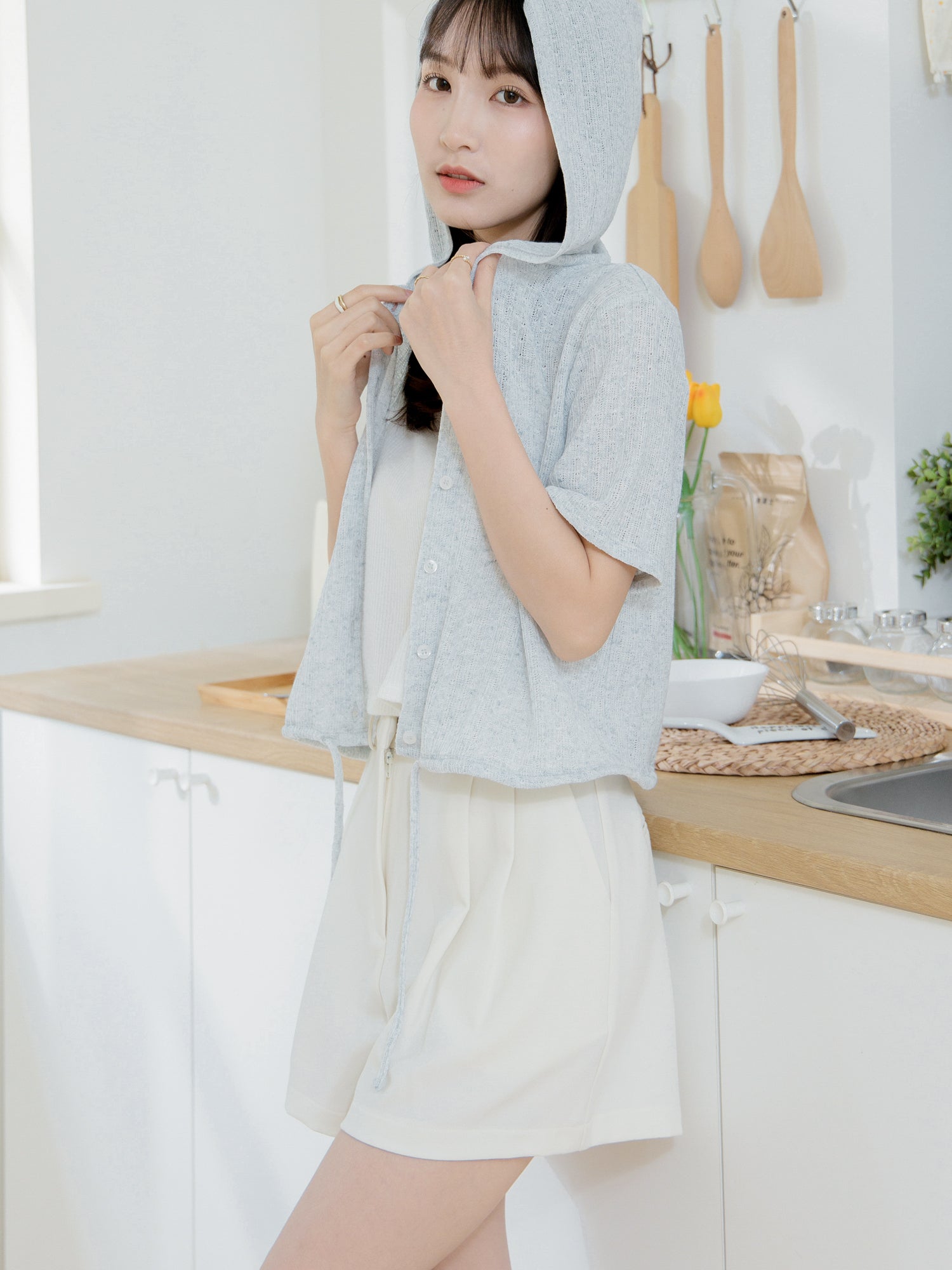 Crochet Hooded Tie Waist Top