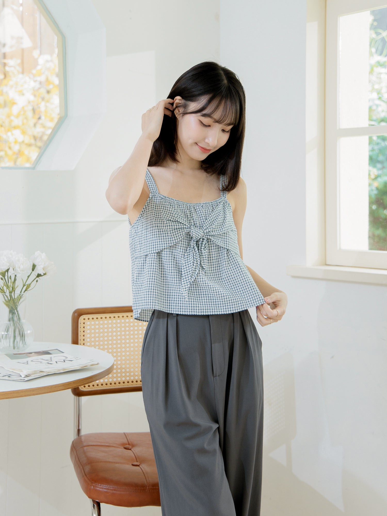 Tie Front Checker Top