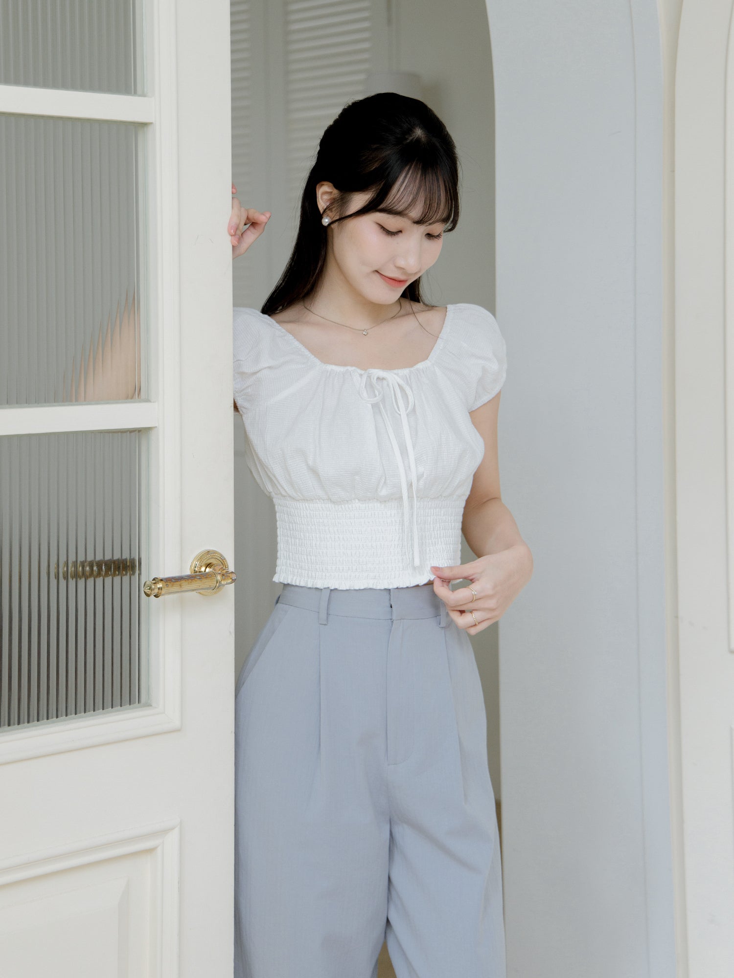 Two-Way Puff Sleeve Shirring Top