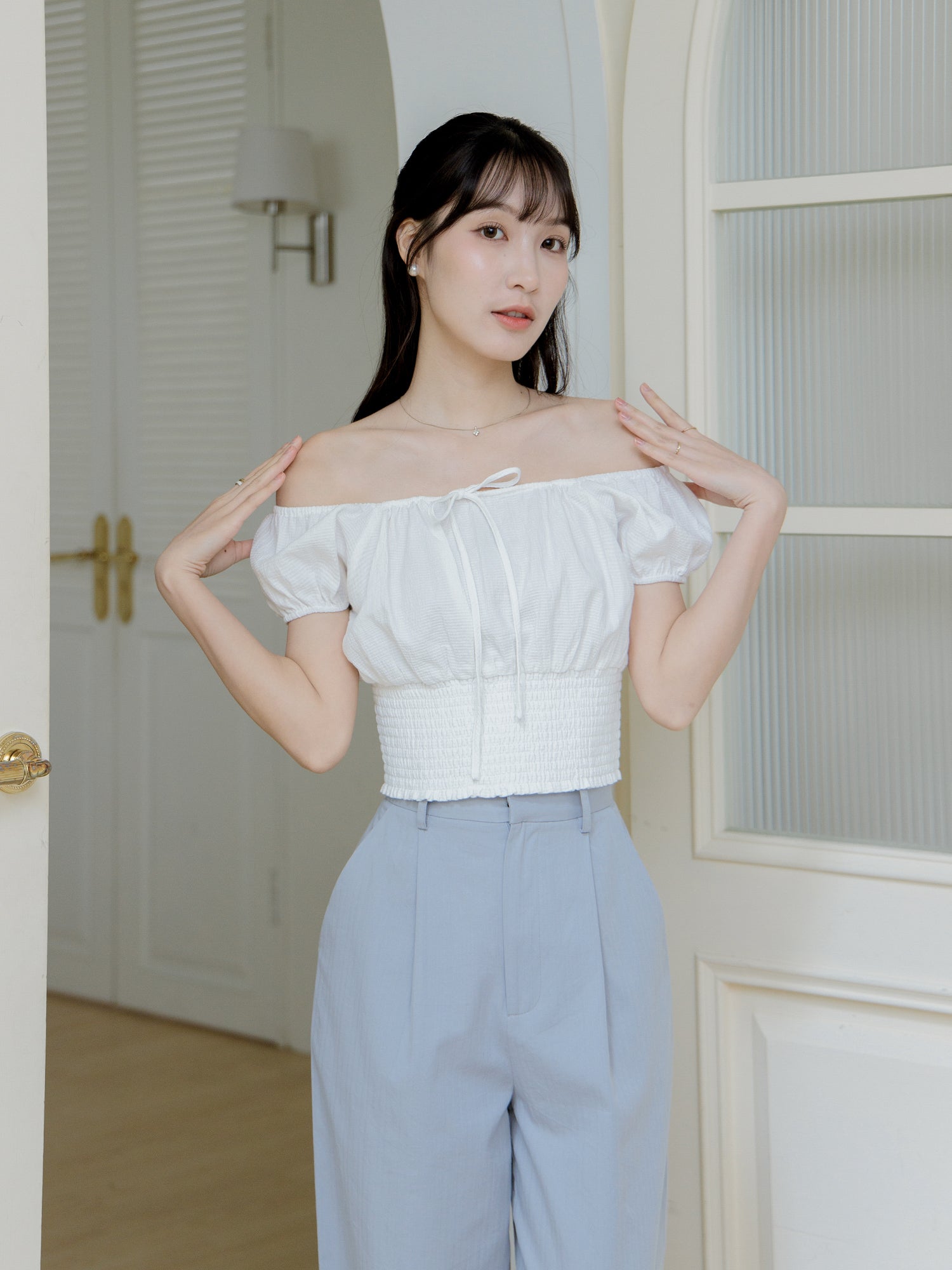Two-Way Puff Sleeve Shirring Top
