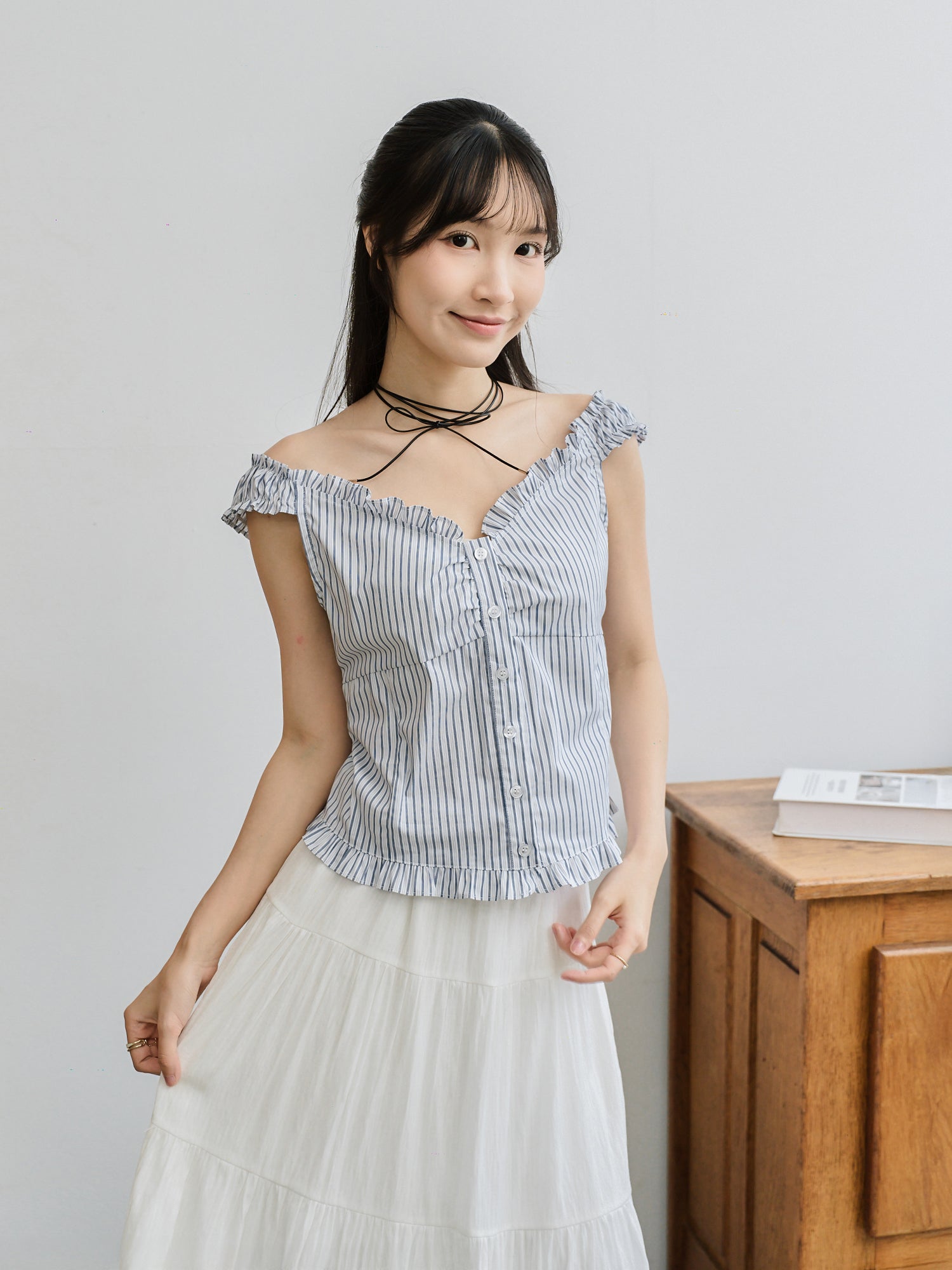 Striped Ruffle Buttoned Top