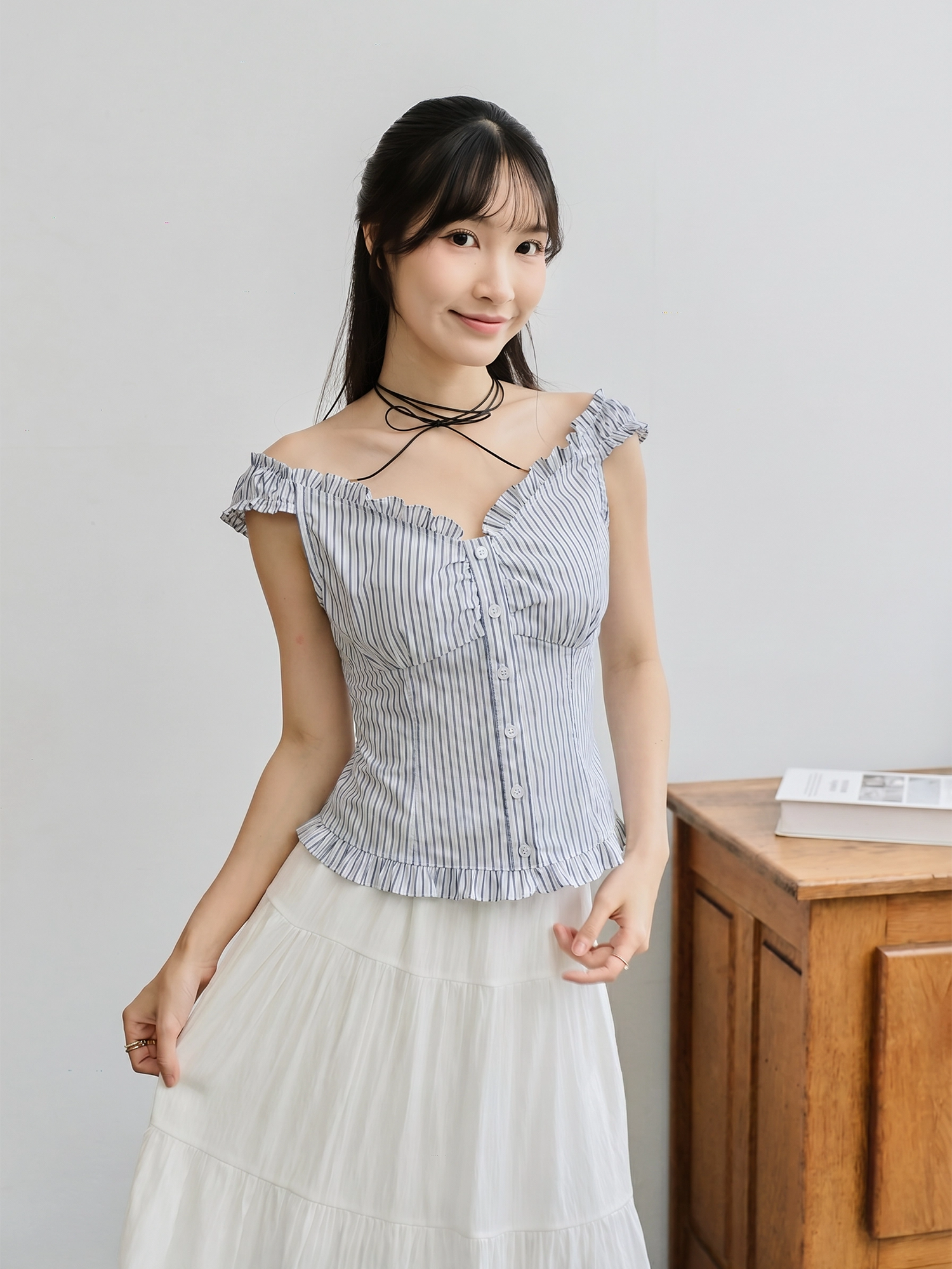 Striped Ruffle Buttoned Top