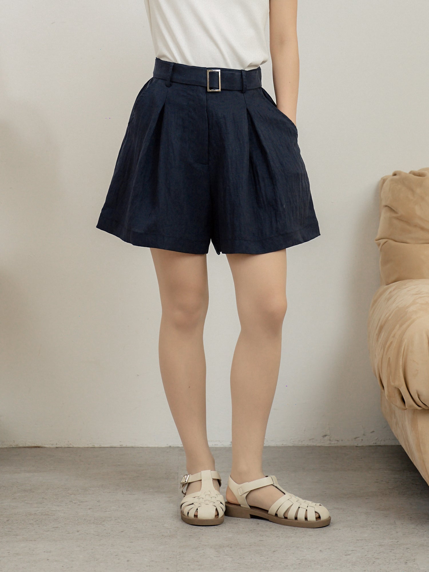 Belted Pleated Shorts