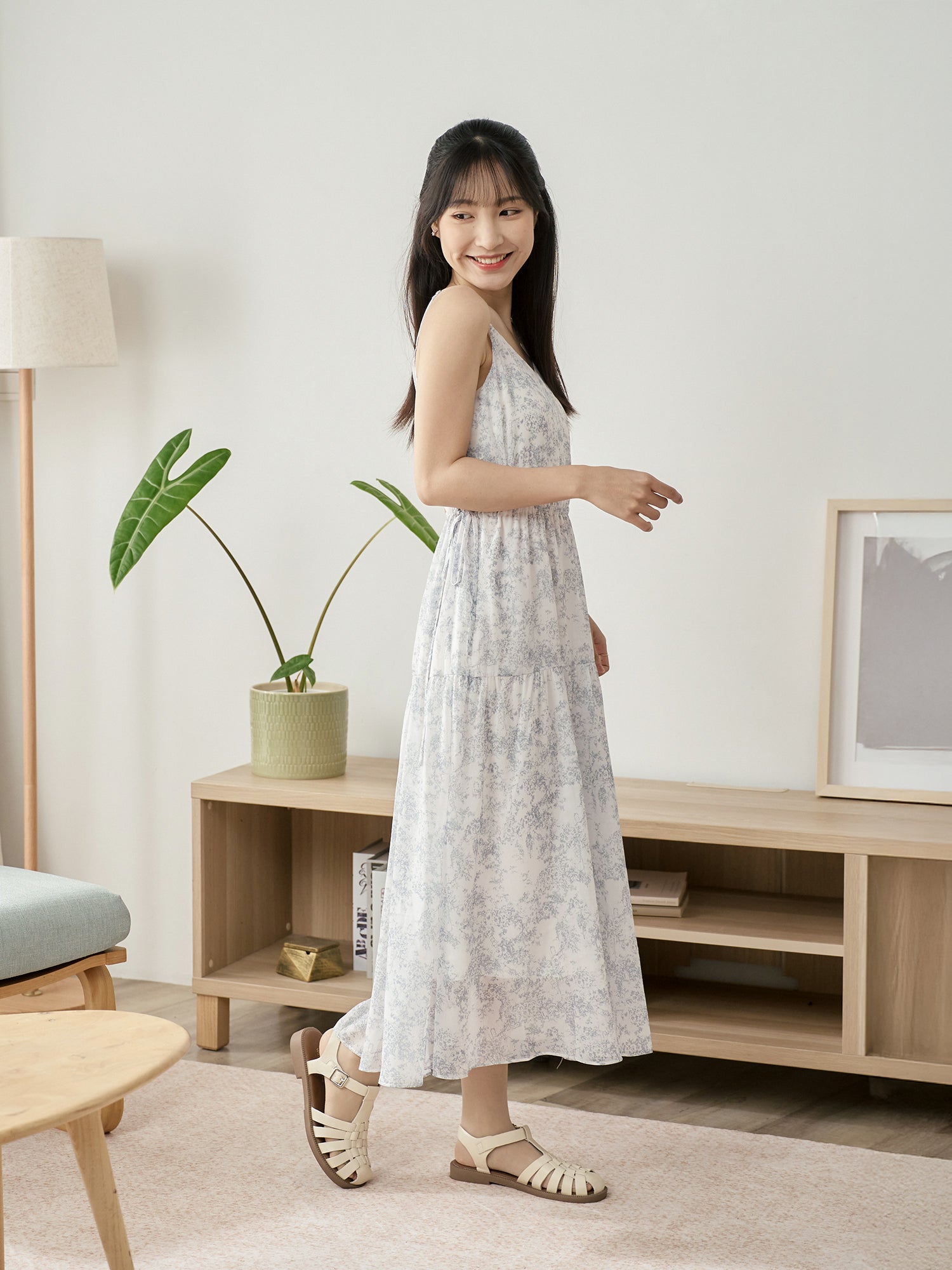度假感印花吊帶連身裙
