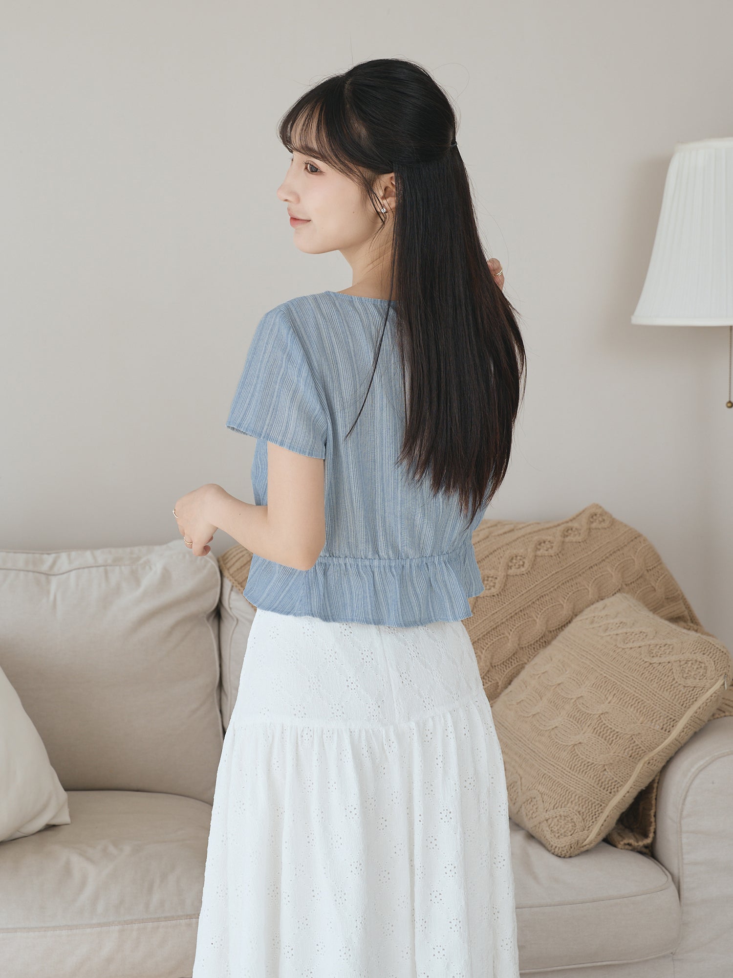 仿麻條紋假兩件上衣