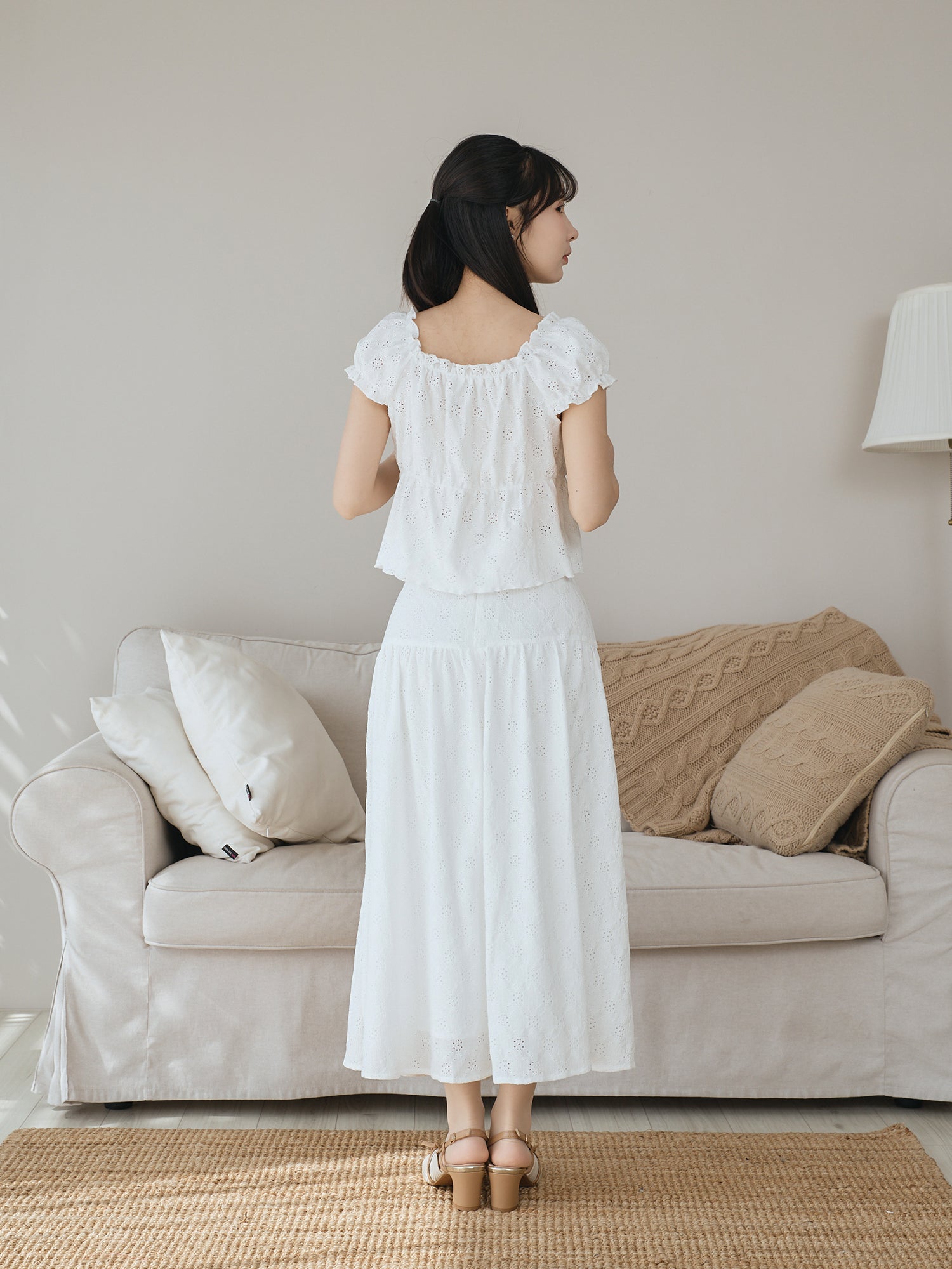 Buttoned Cap Sleeve Eyelet Top