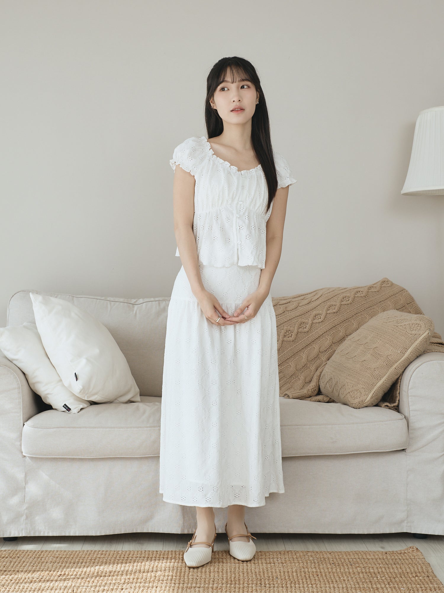 Buttoned Cap Sleeve Eyelet Top
