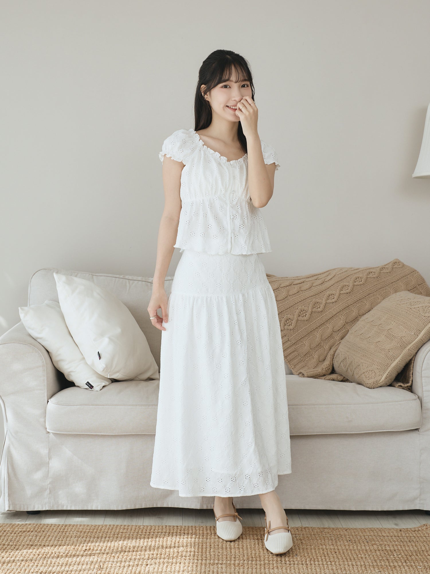 Buttoned Cap Sleeve Eyelet Top