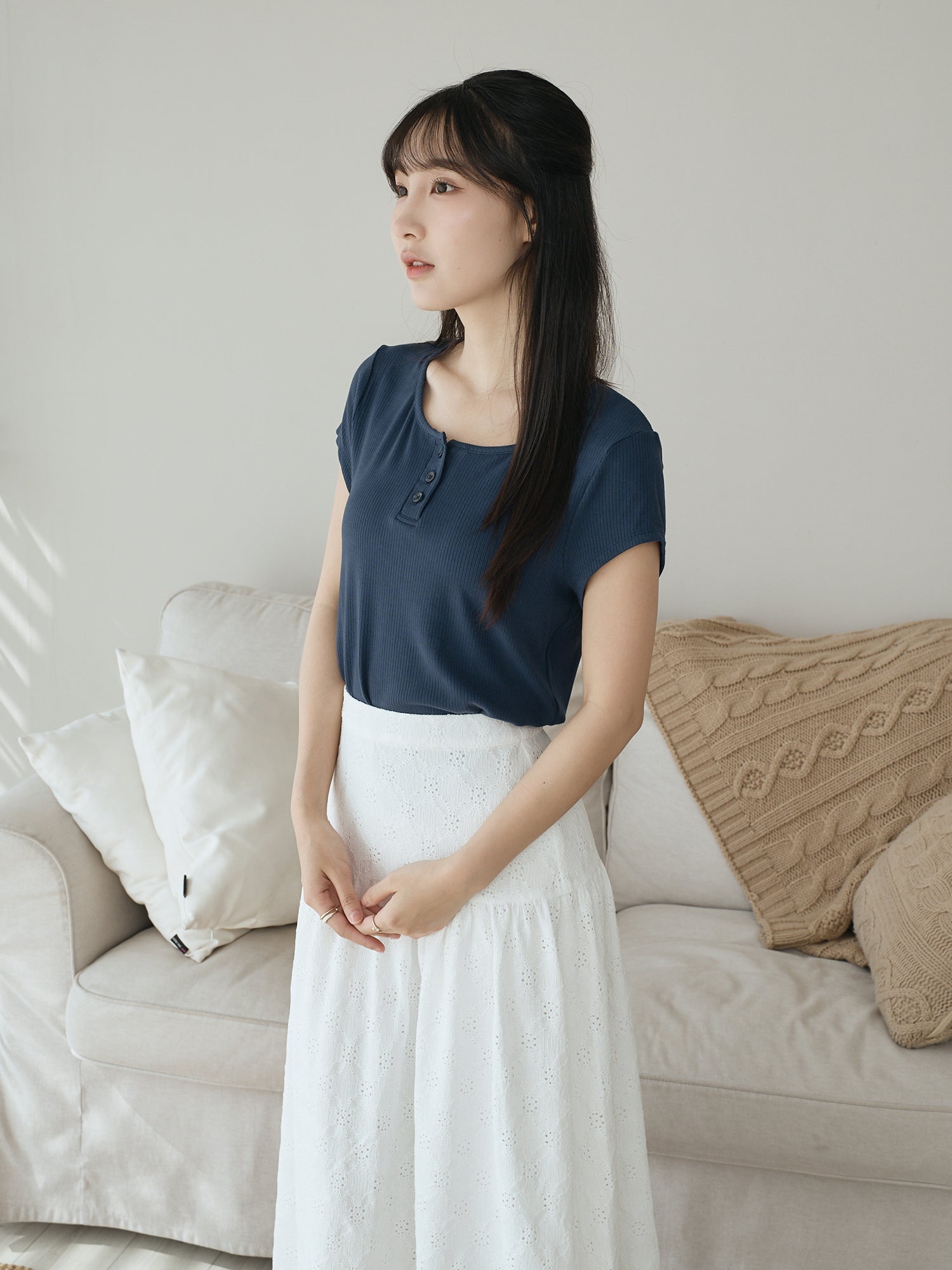Henley Neck Ribbed Top