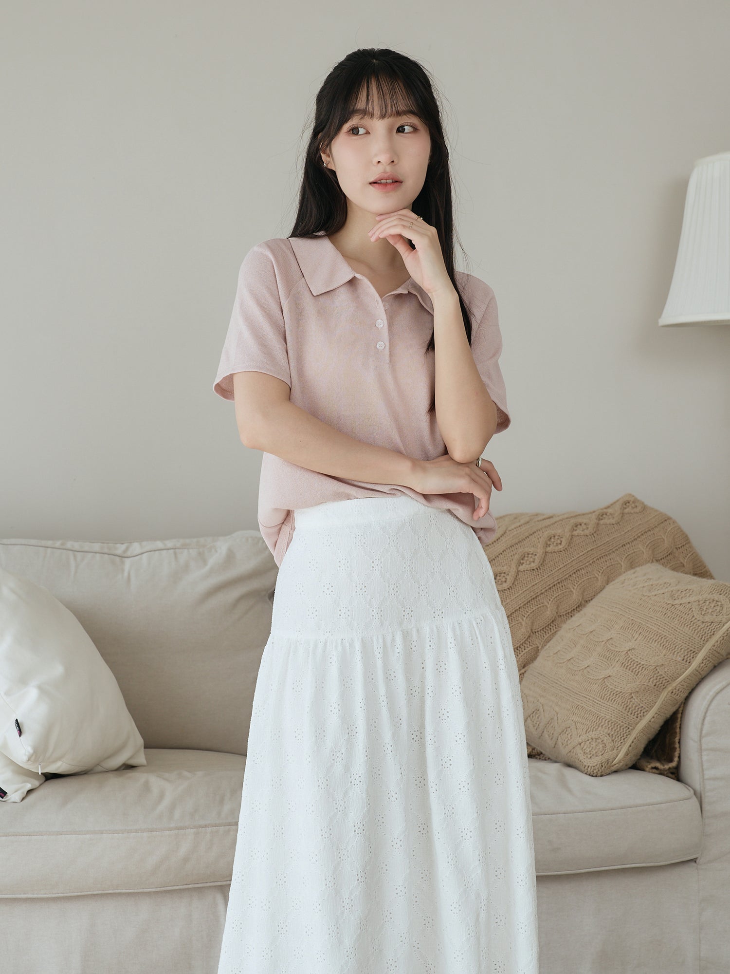 Polo Buttoned Semi-Sheer Top