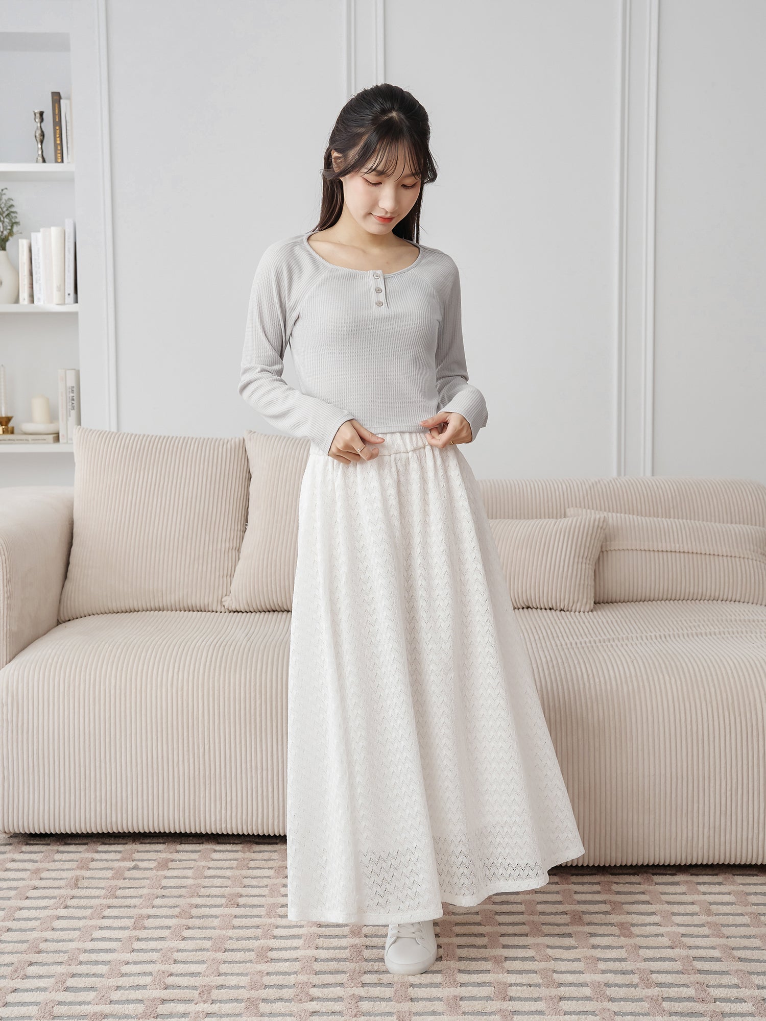 Waffle Raglan Sleeve Buttoned Top