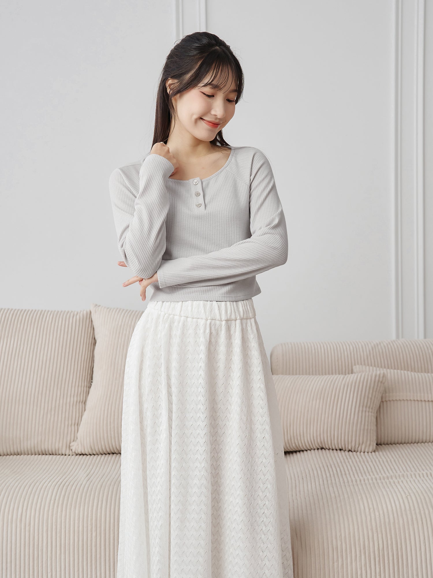 Waffle Raglan Sleeve Buttoned Top