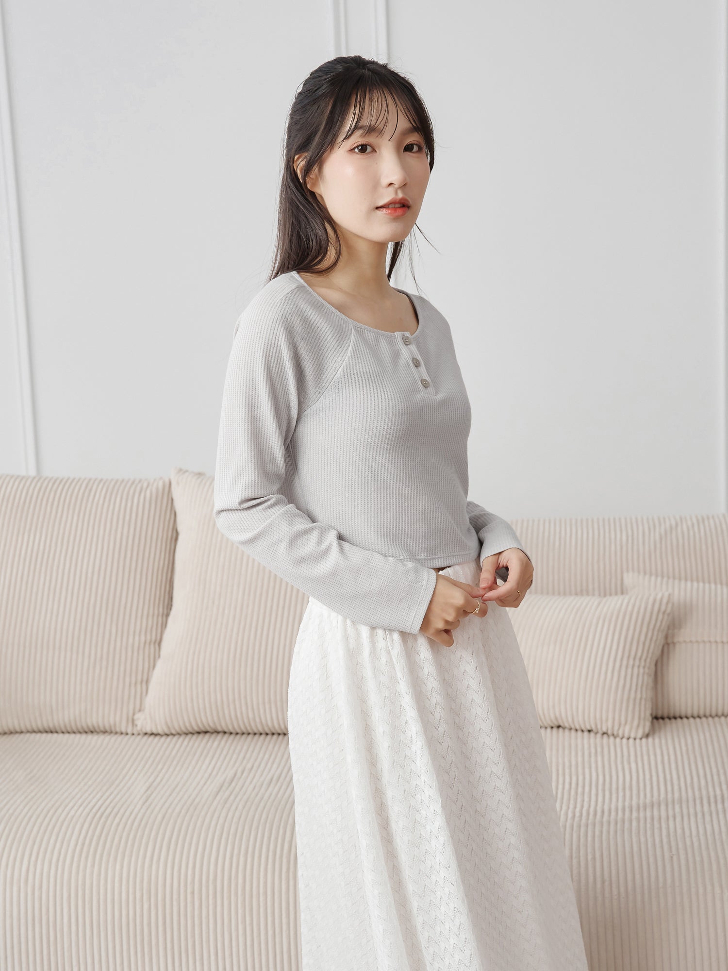 Waffle Raglan Sleeve Buttoned Top