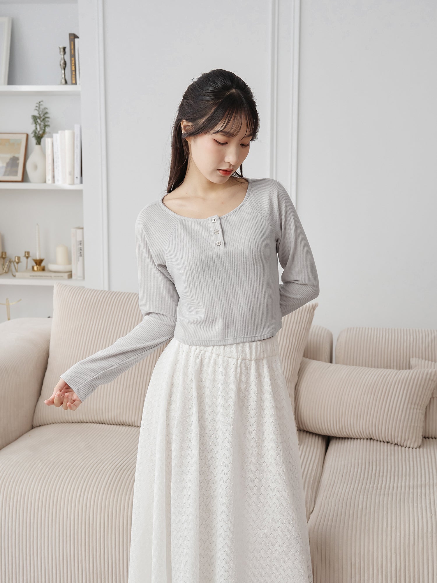 Waffle Raglan Sleeve Buttoned Top