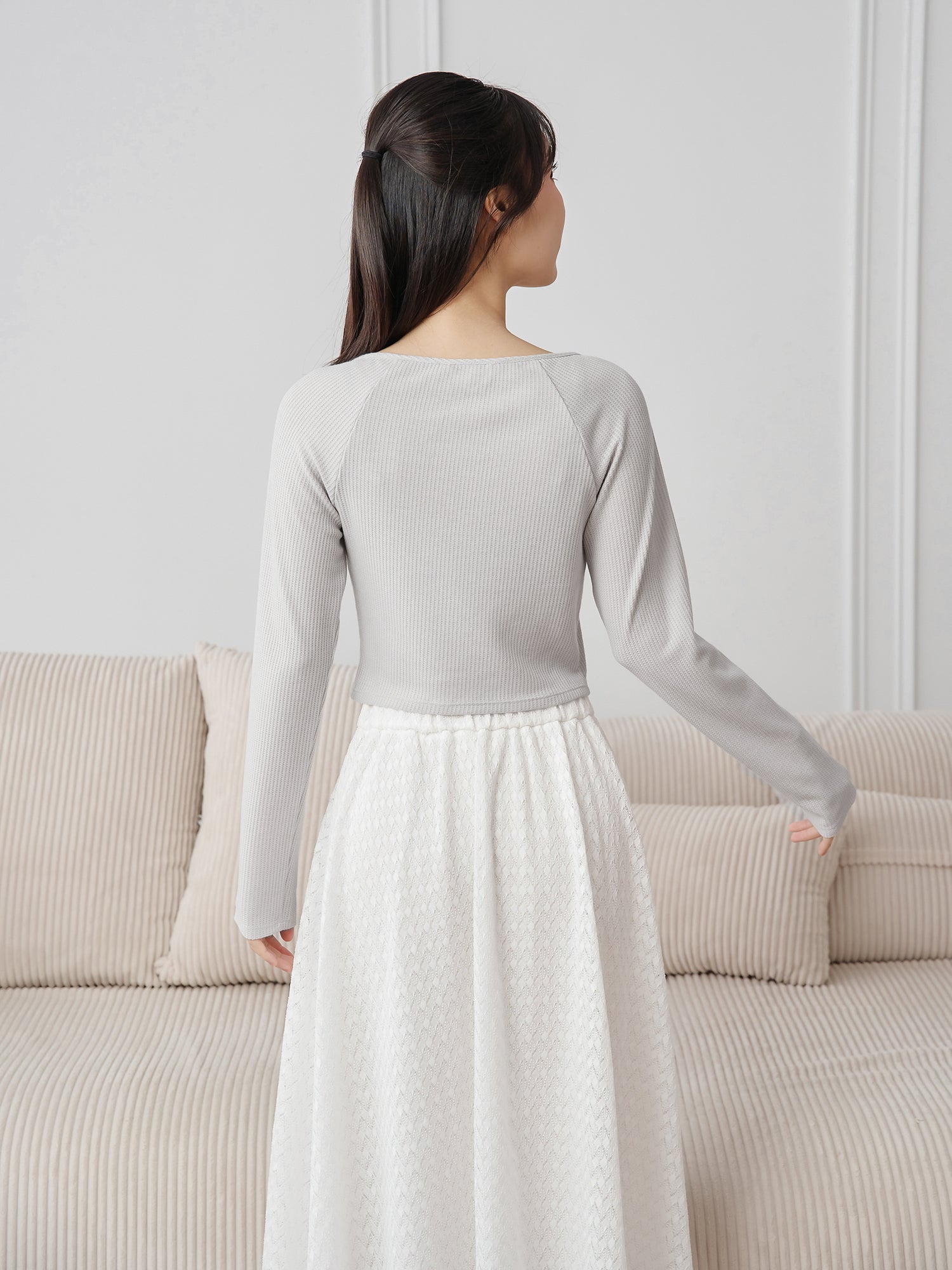 Waffle Raglan Sleeve Buttoned Top