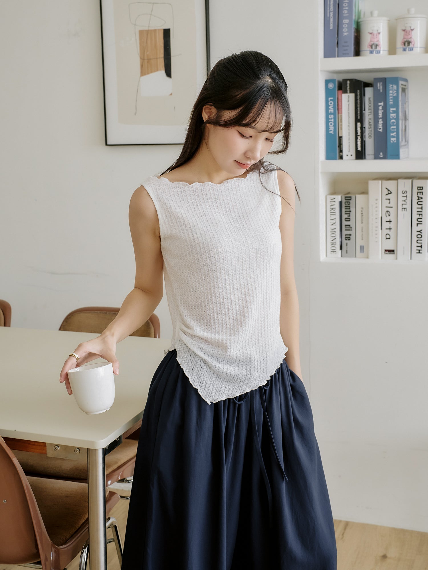 Asymmetric Waffle Sleeveless Top*