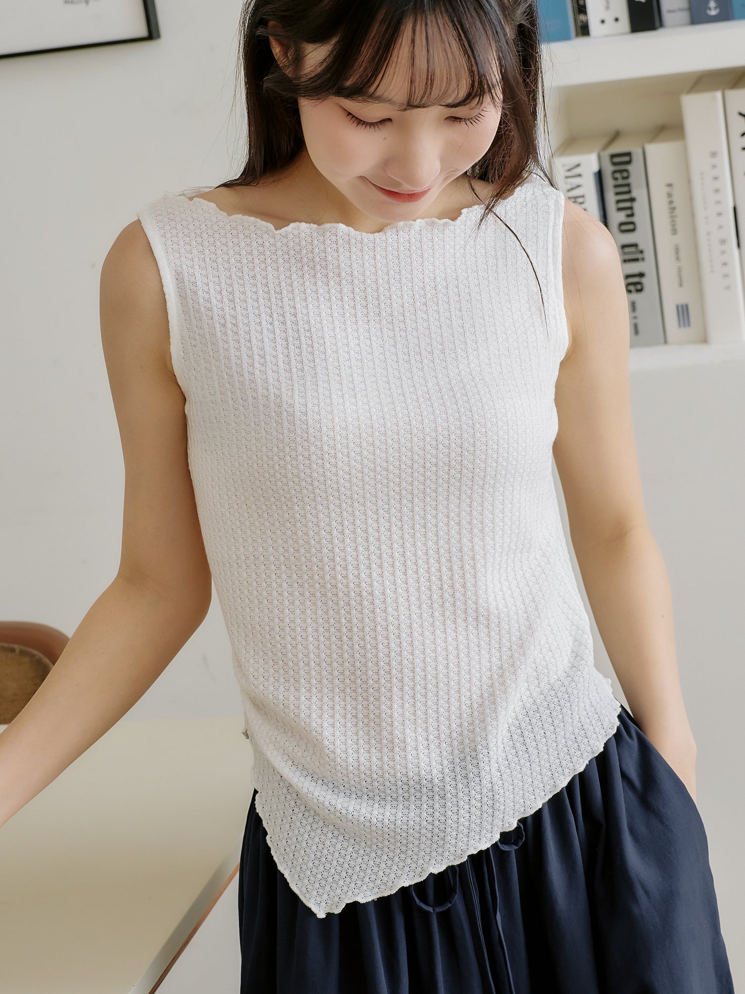 Asymmetric Waffle Sleeveless Top*