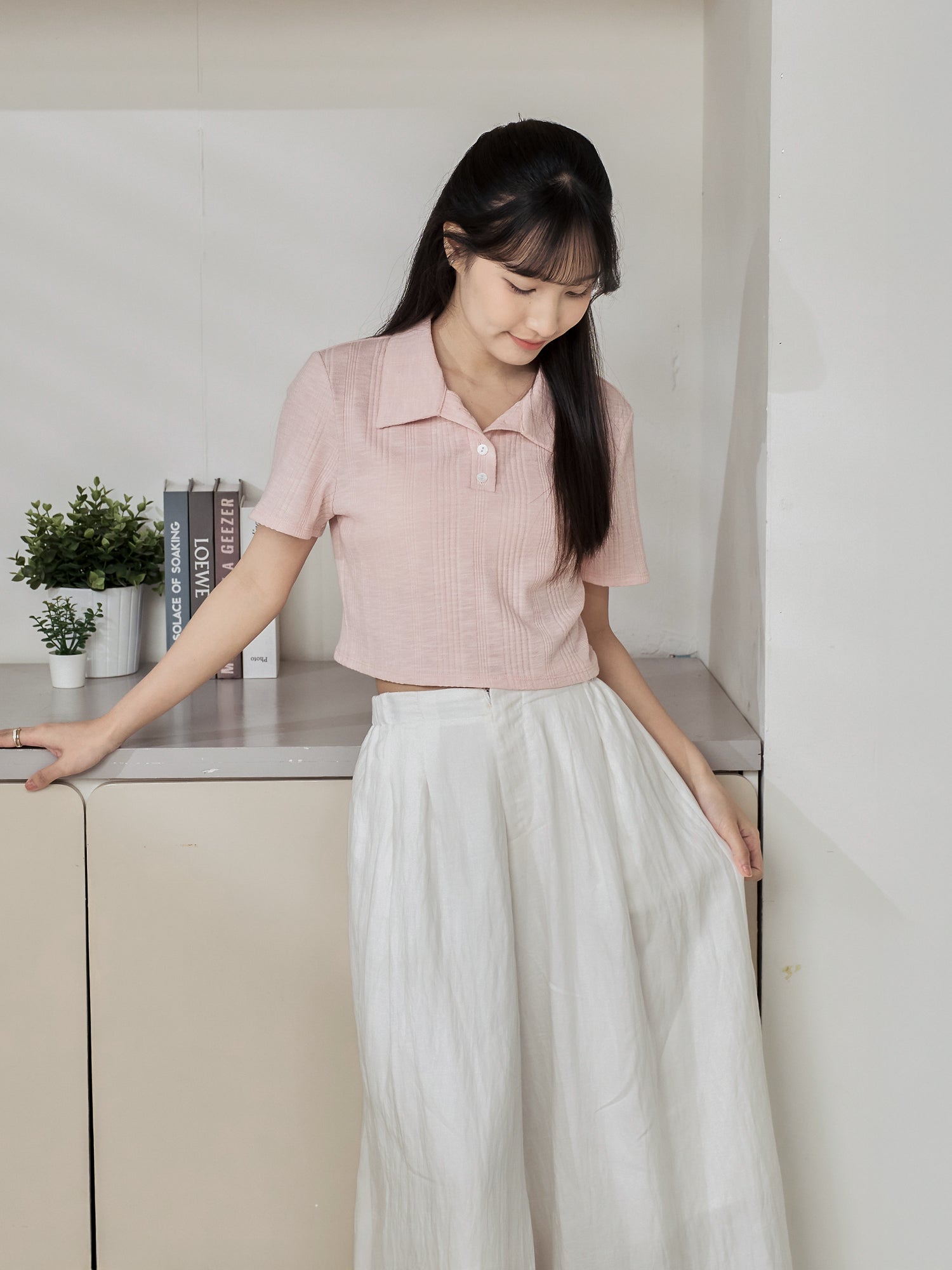 Knit-Blend Cropped Polo Top