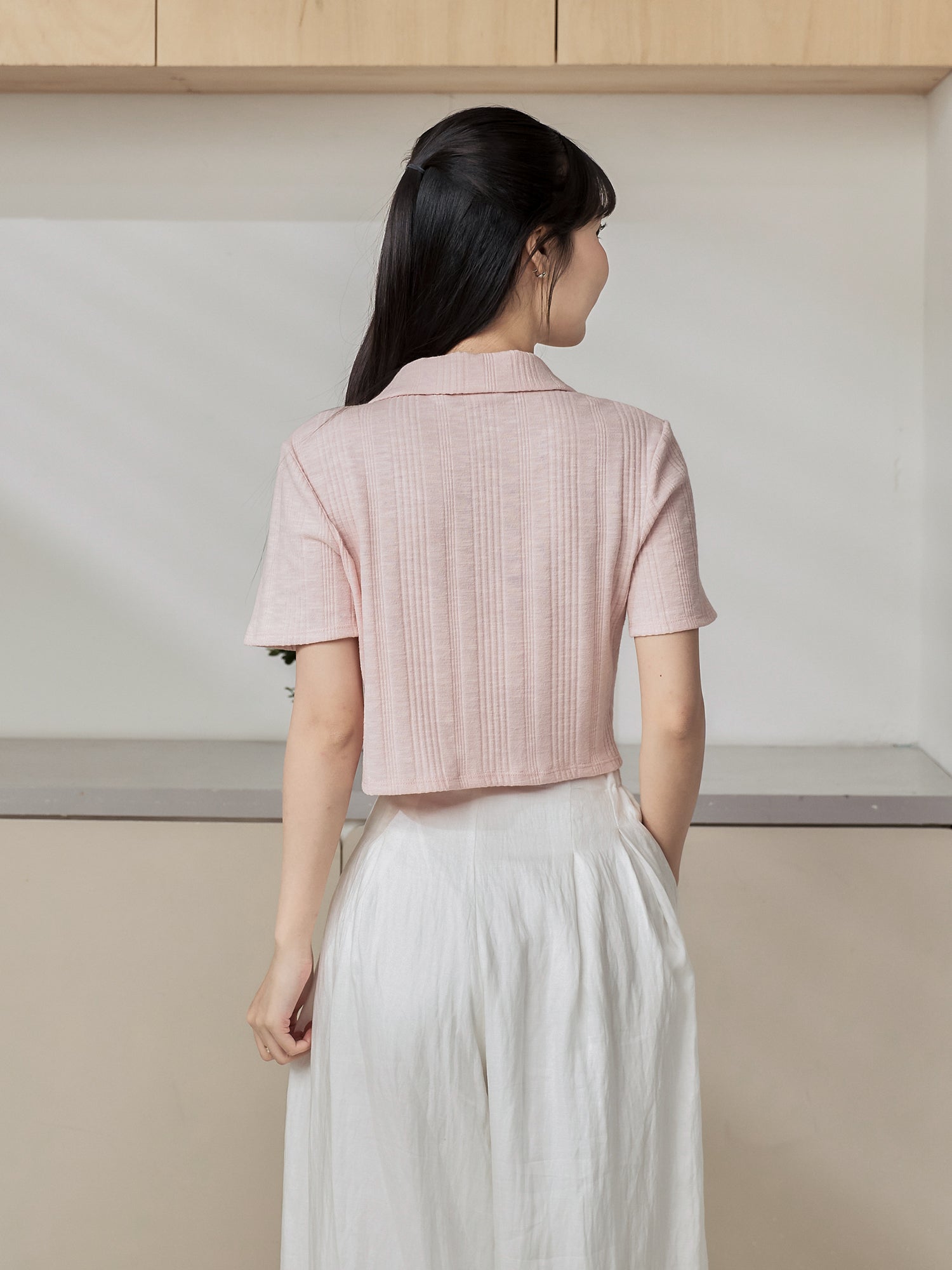 Knit-Blend Cropped Polo Top