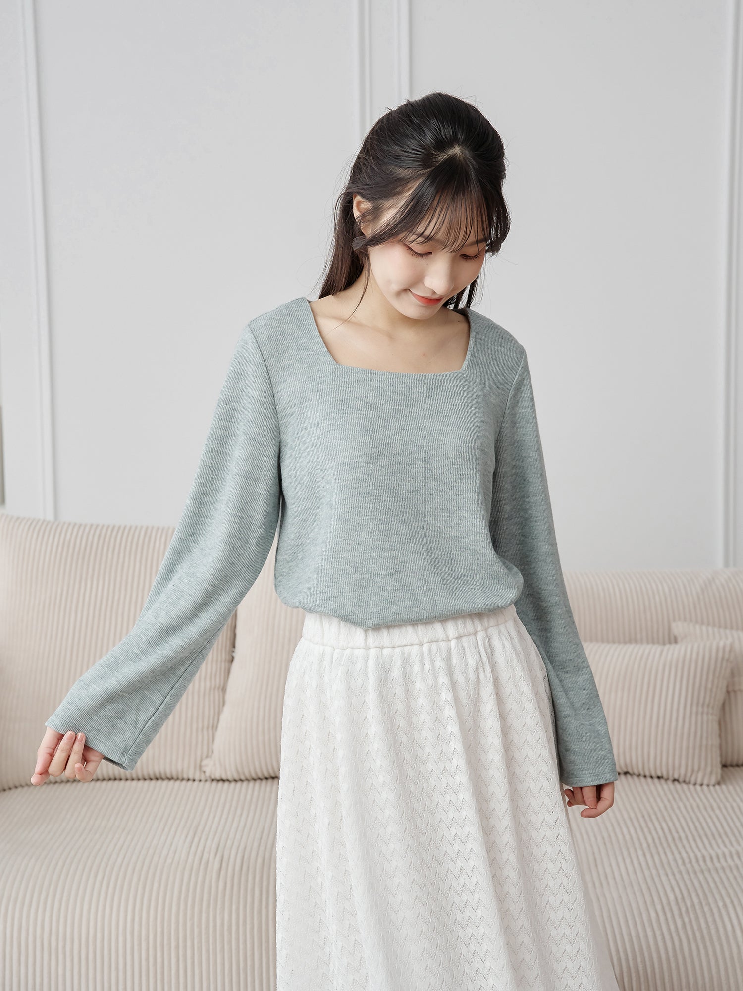 Bell-Sleeve Square Neck Top