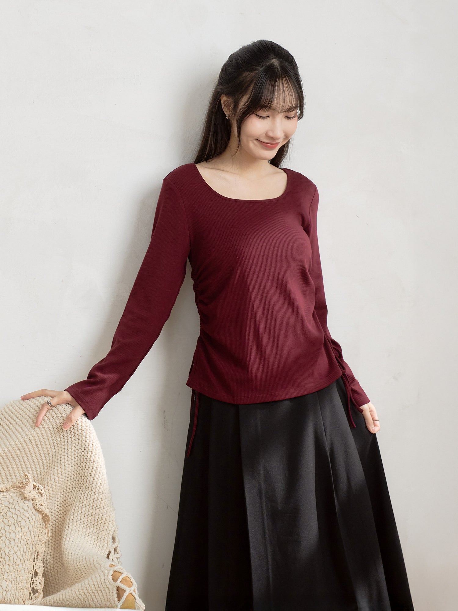 抽繩綁帶開衩上衣