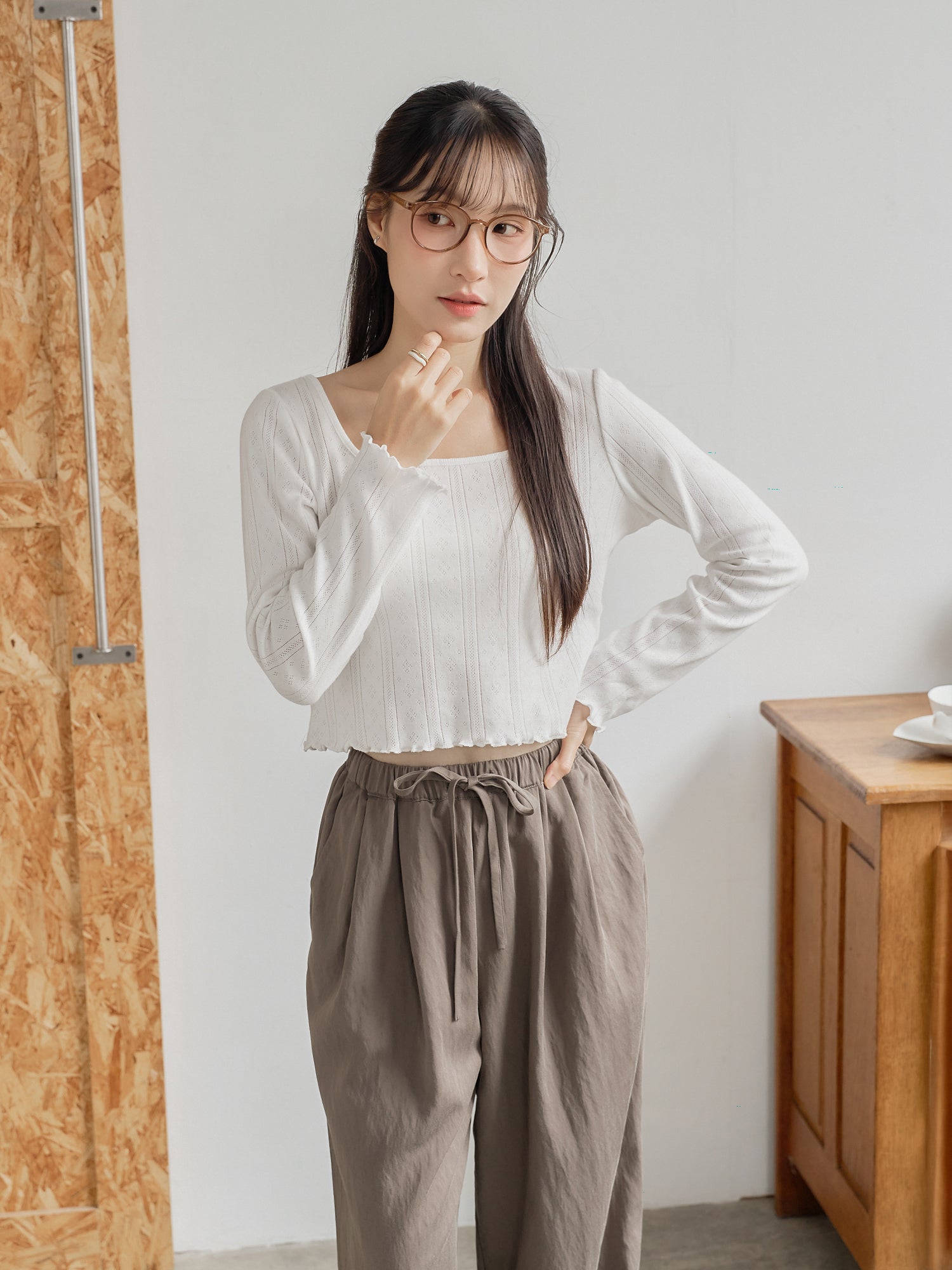 Pointelle Square Neck Long Sleeve Top