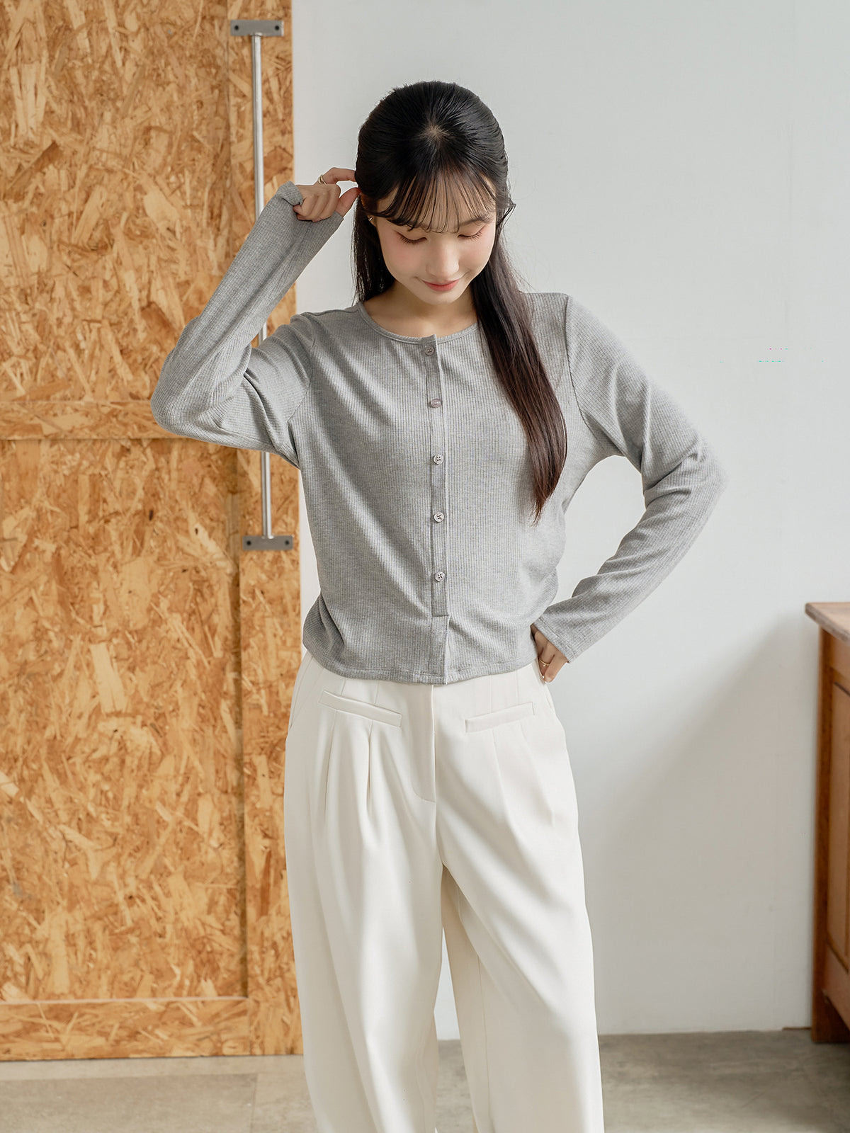 Side Shirring Buttoned Top
