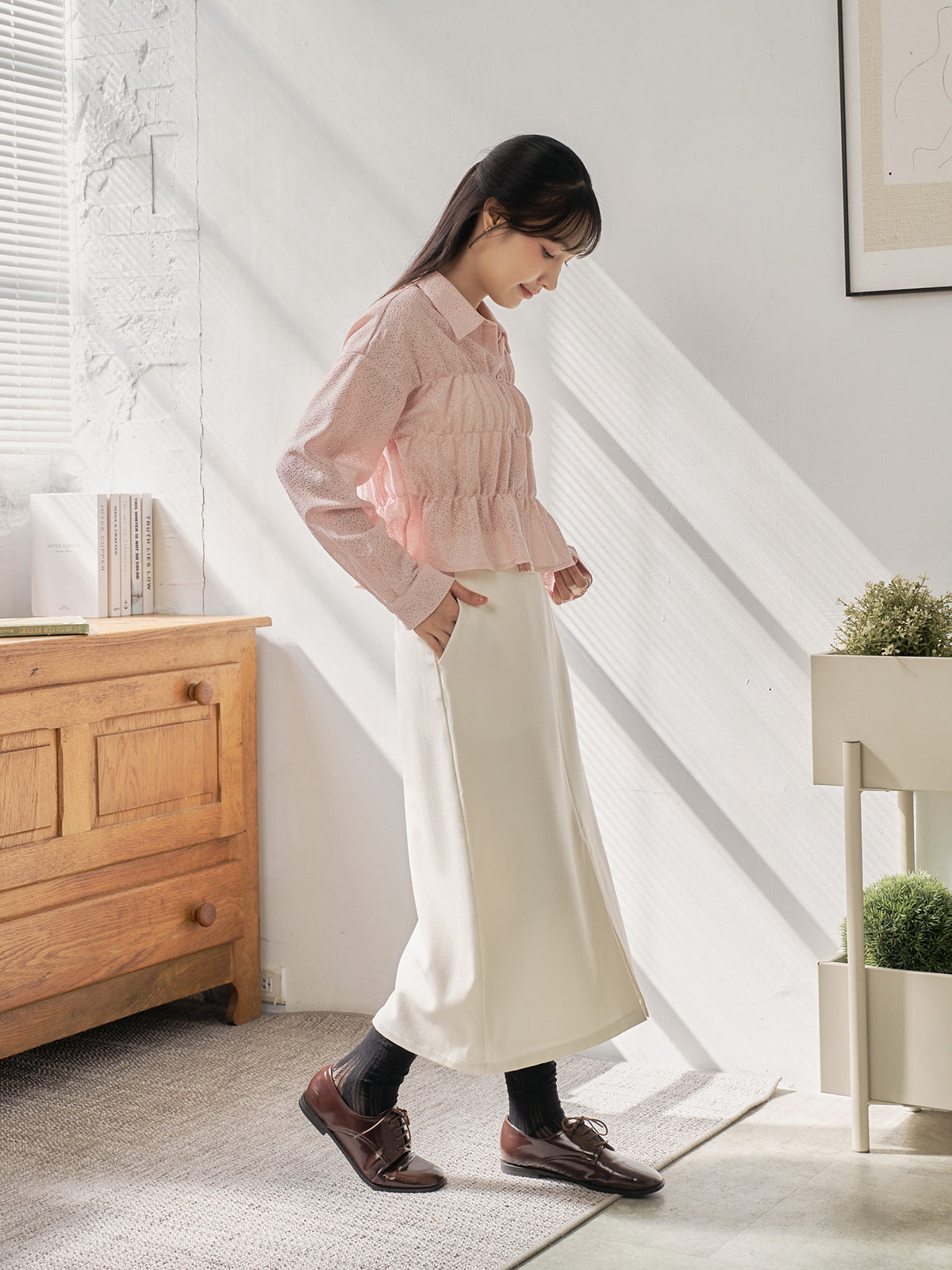 Wavy Hem Shirred Shirt