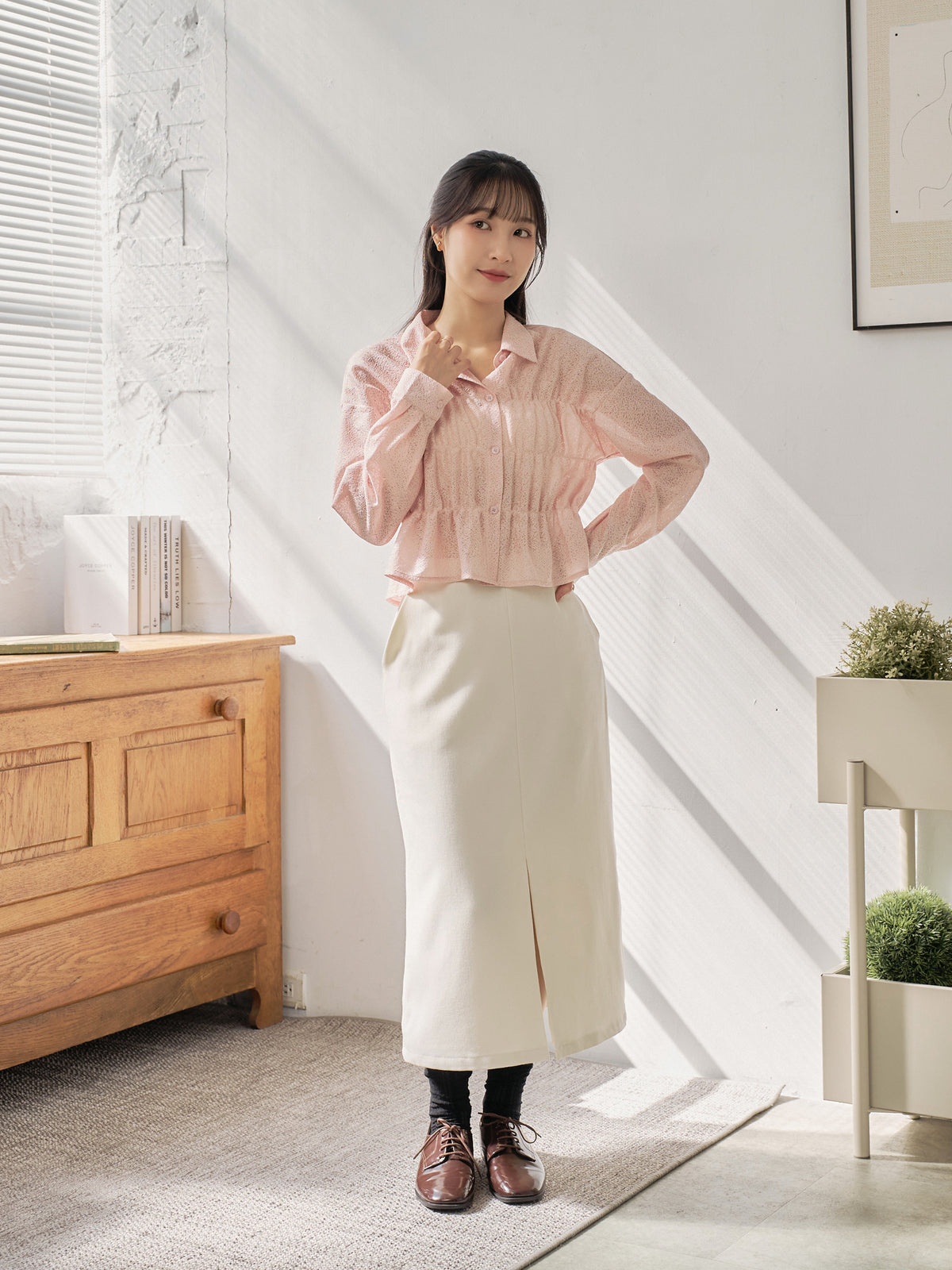 Wavy Hem Shirred Shirt