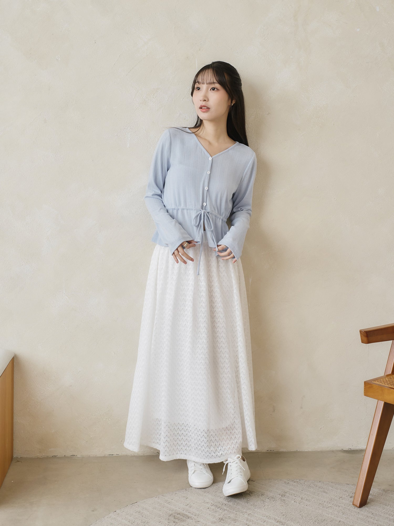 Pointelle Tie Waist Knit top