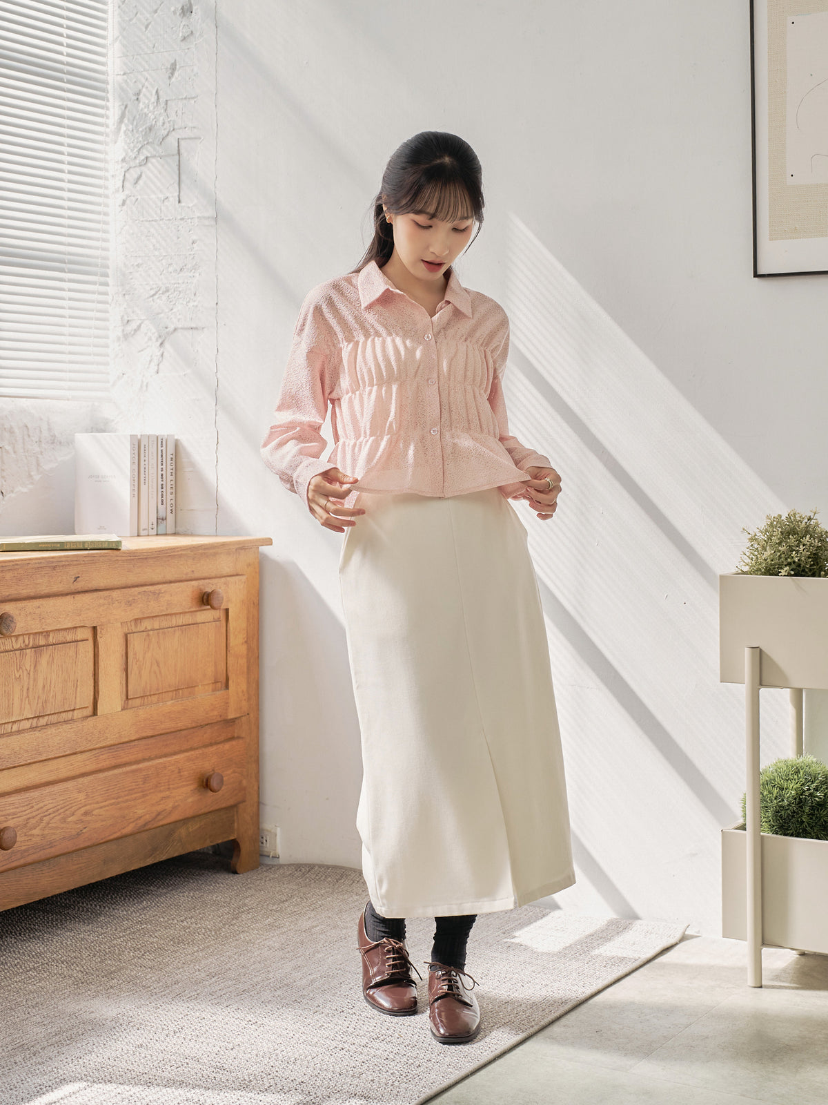 Wavy Hem Shirred Shirt