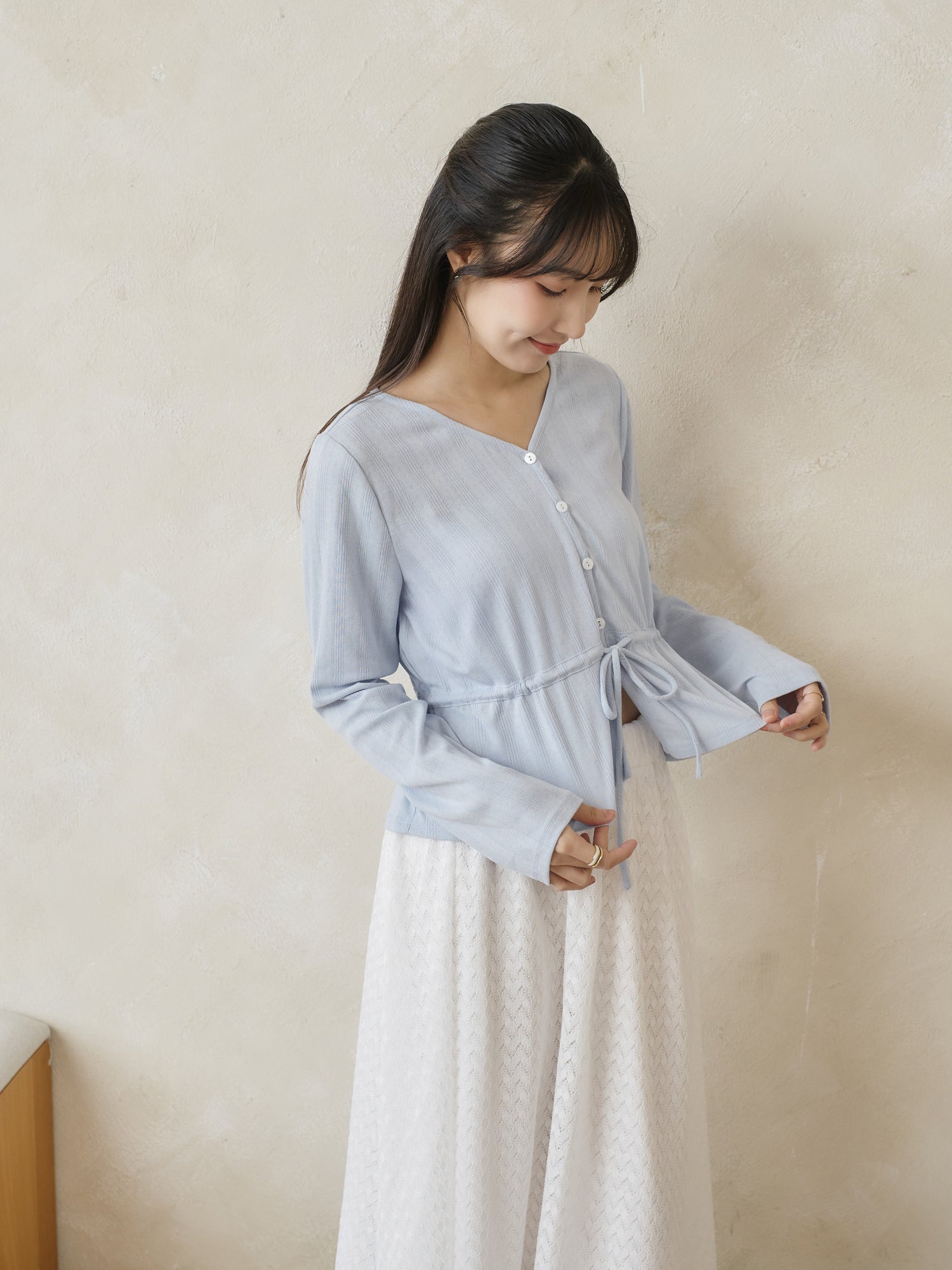 Pointelle Tie Waist Knit Top