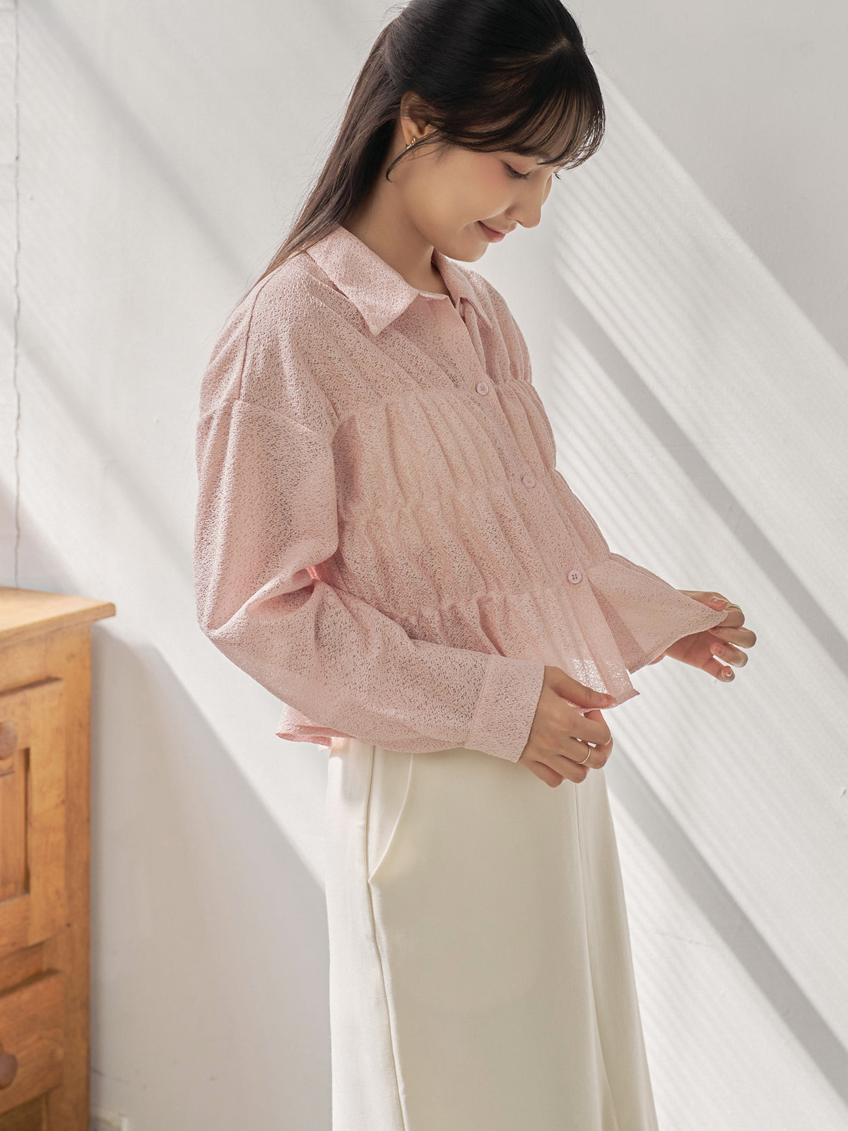 Wavy Hem Shirred Shirt