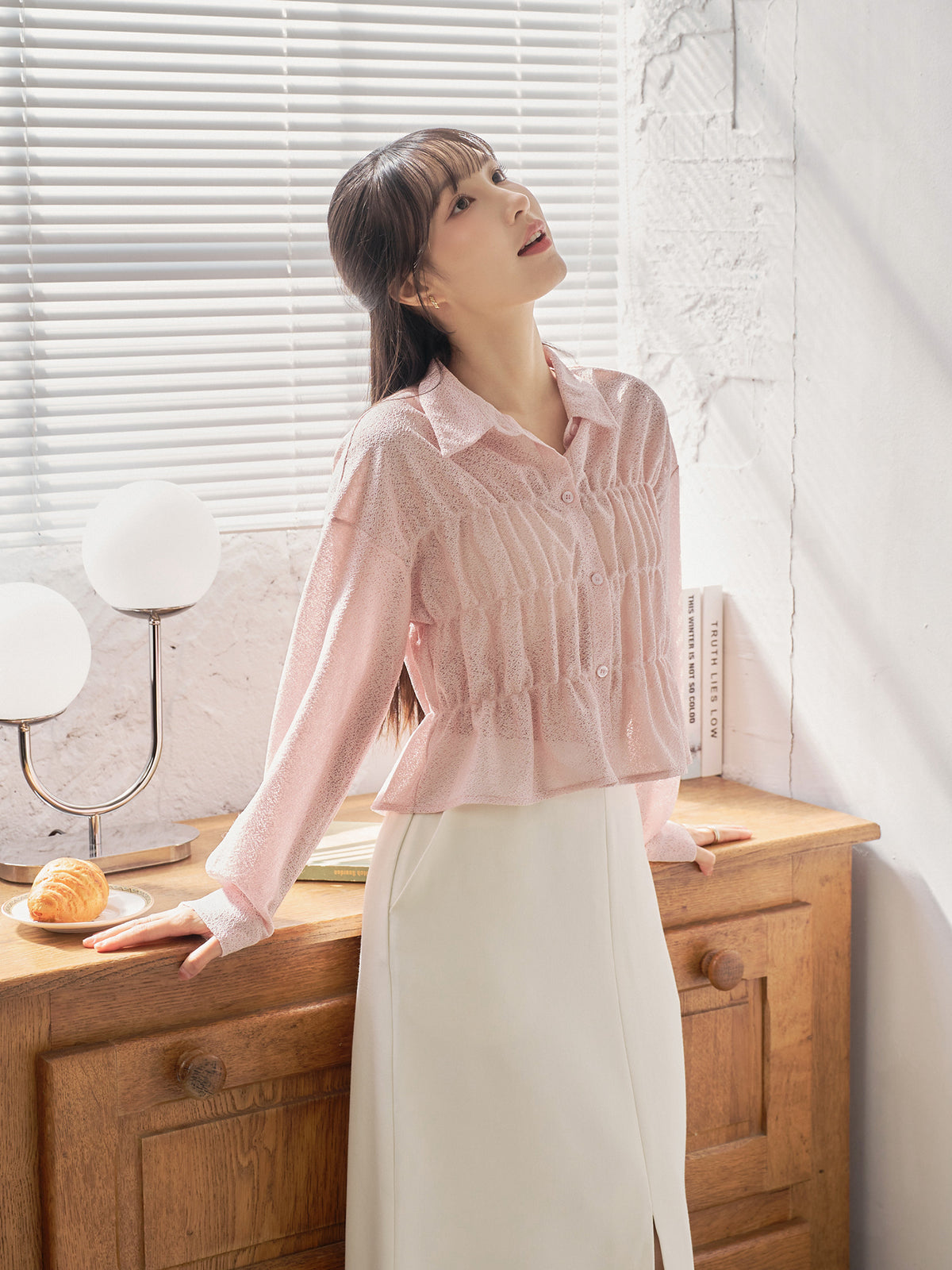 Wavy Hem Shirred Shirt