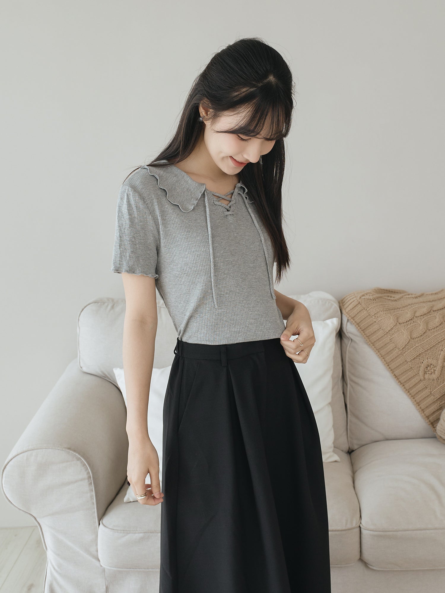 Open Collar Lace Up Top