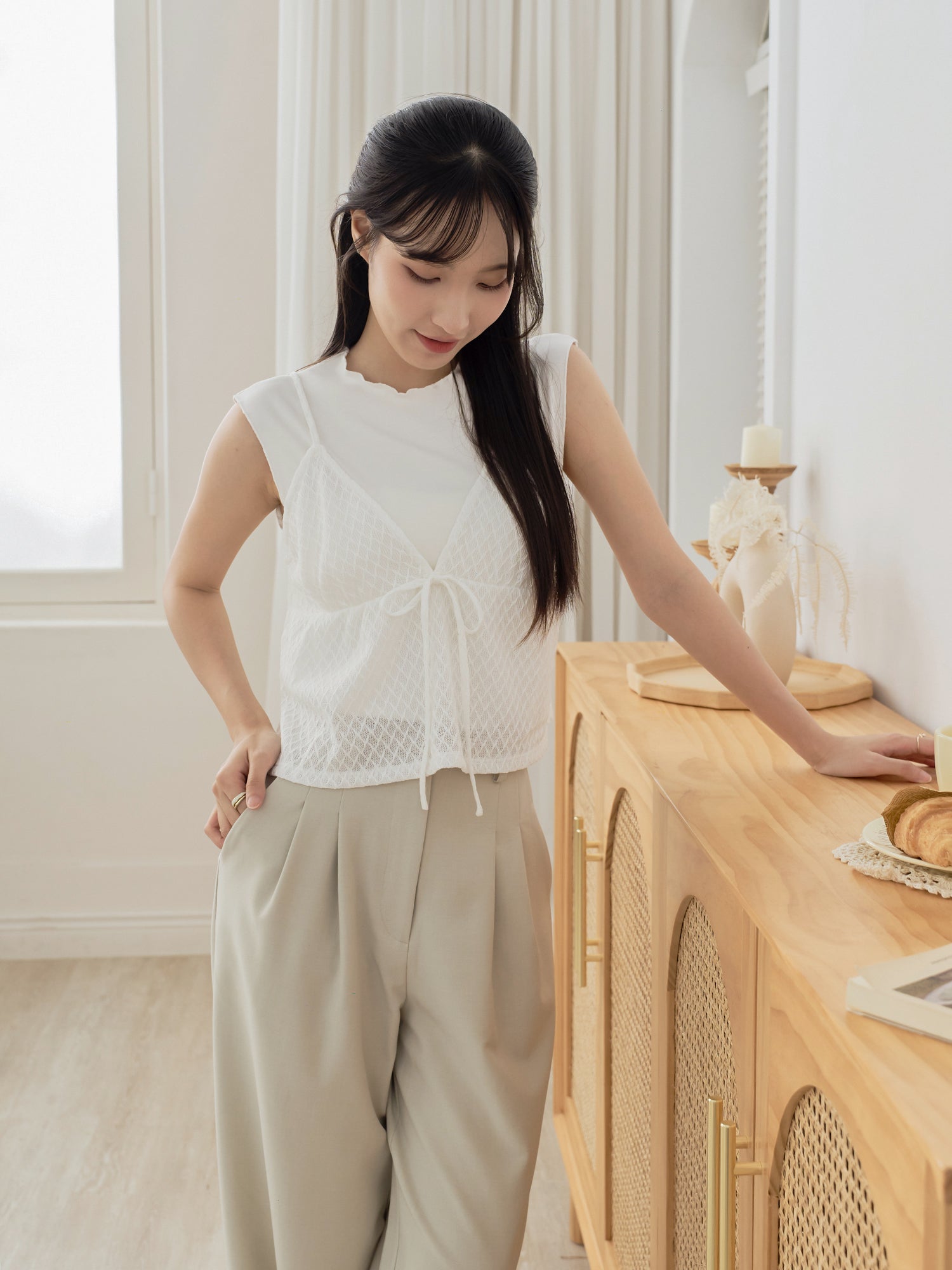 Ribboned Crochet Cami Twin Set (Including Inner Top)