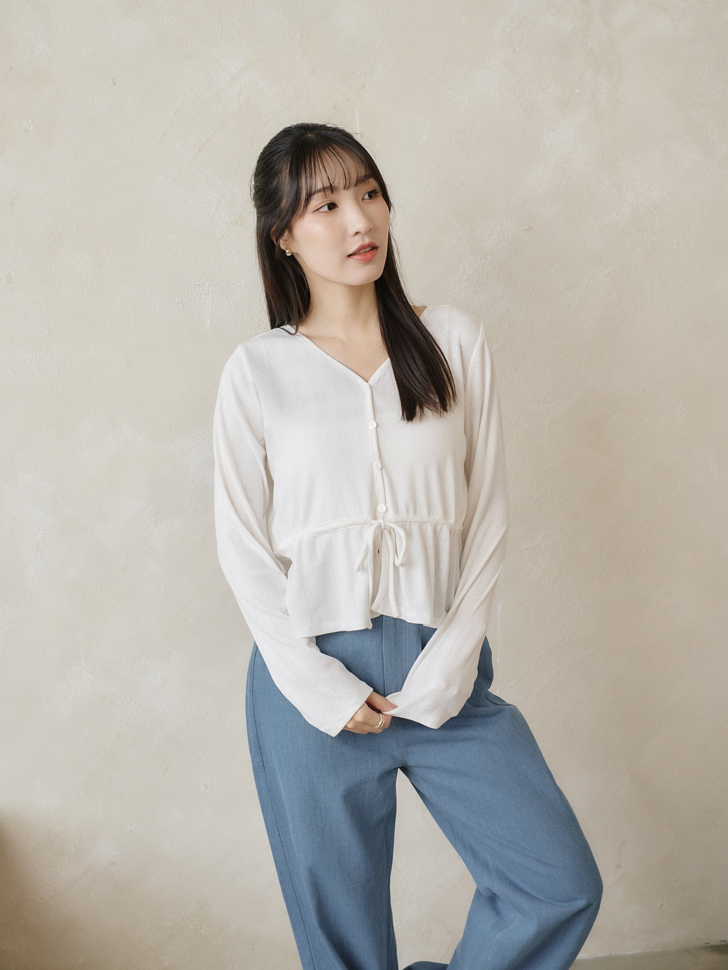 Pointelle Tie Waist Knit top