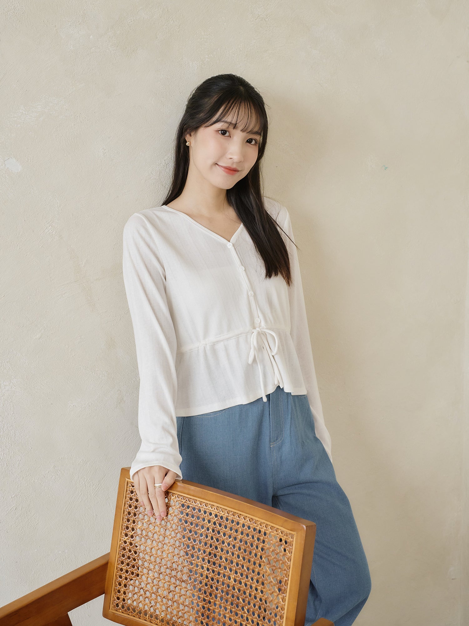 Pointelle Tie Waist Knit Top