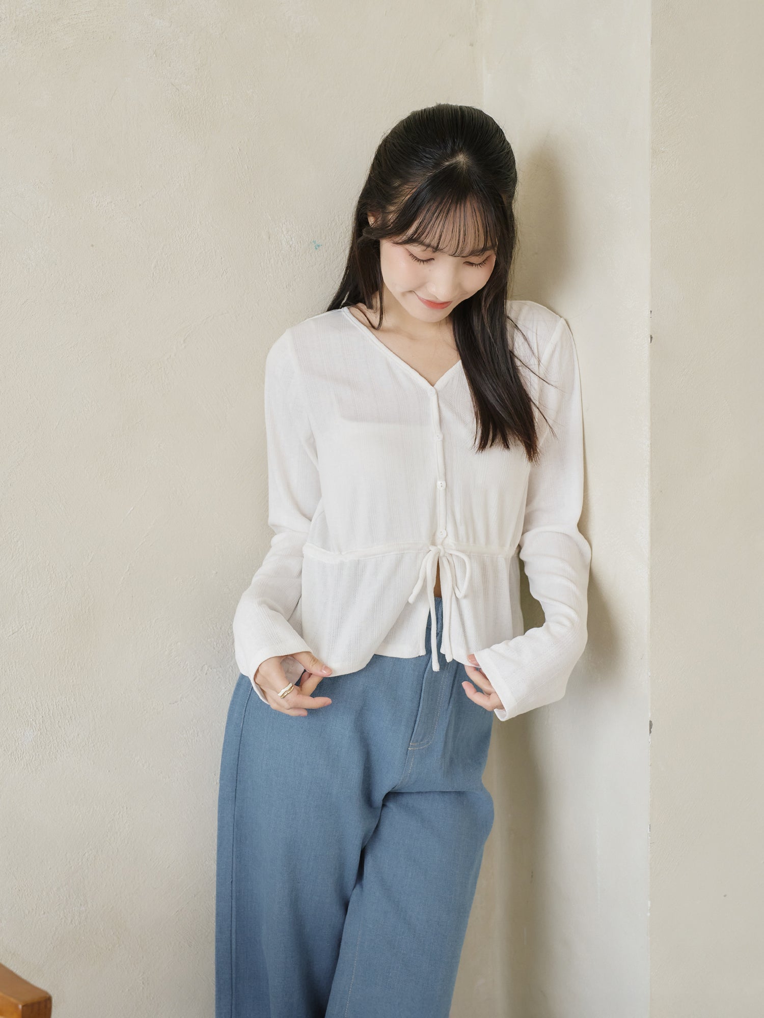 Pointelle Tie Waist Knit top