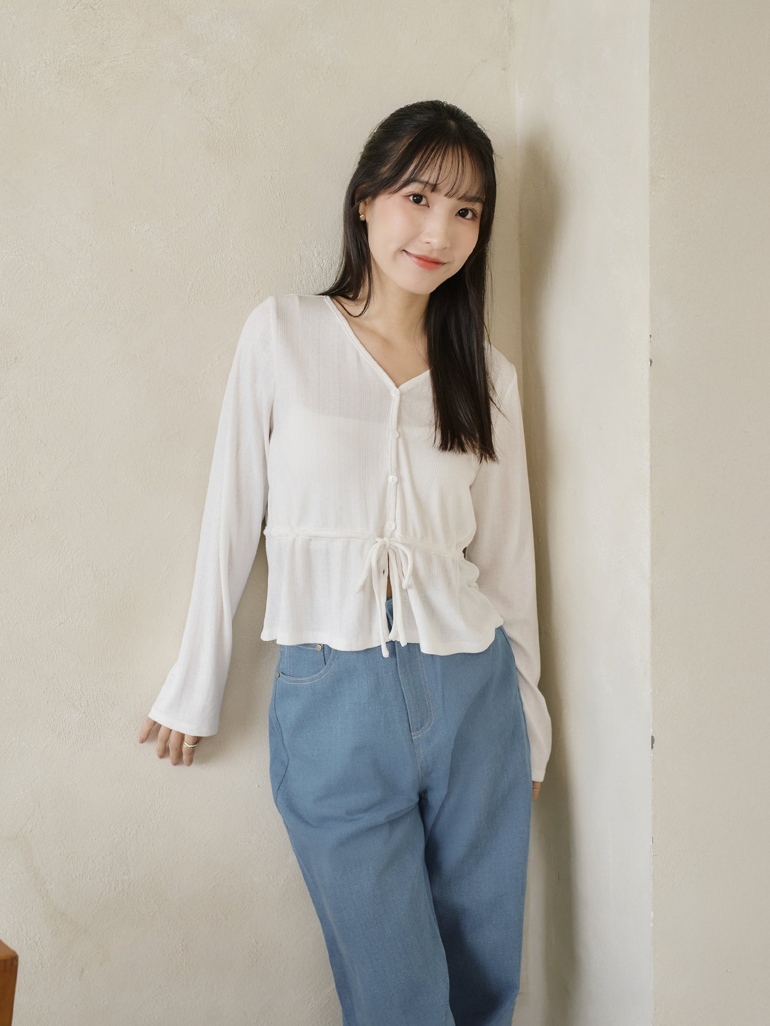 Pointelle Tie Waist Knit Top