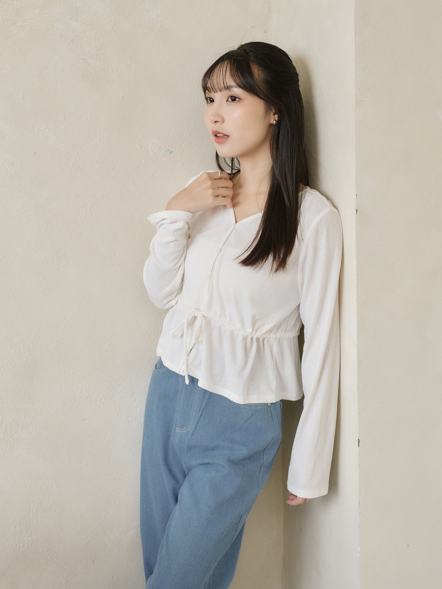 Pointelle Tie Waist Knit Top