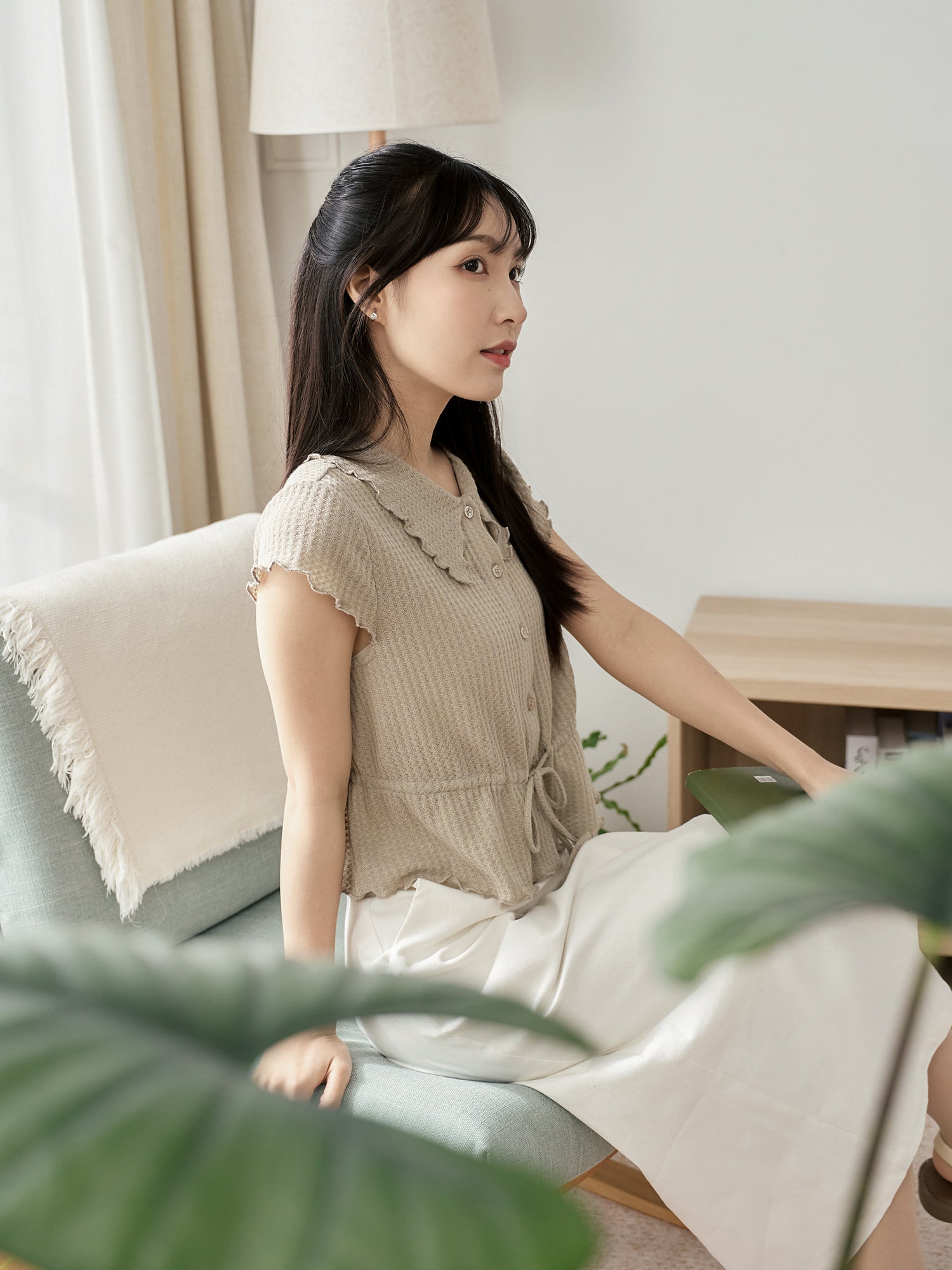 Tie Waist Waffle Top