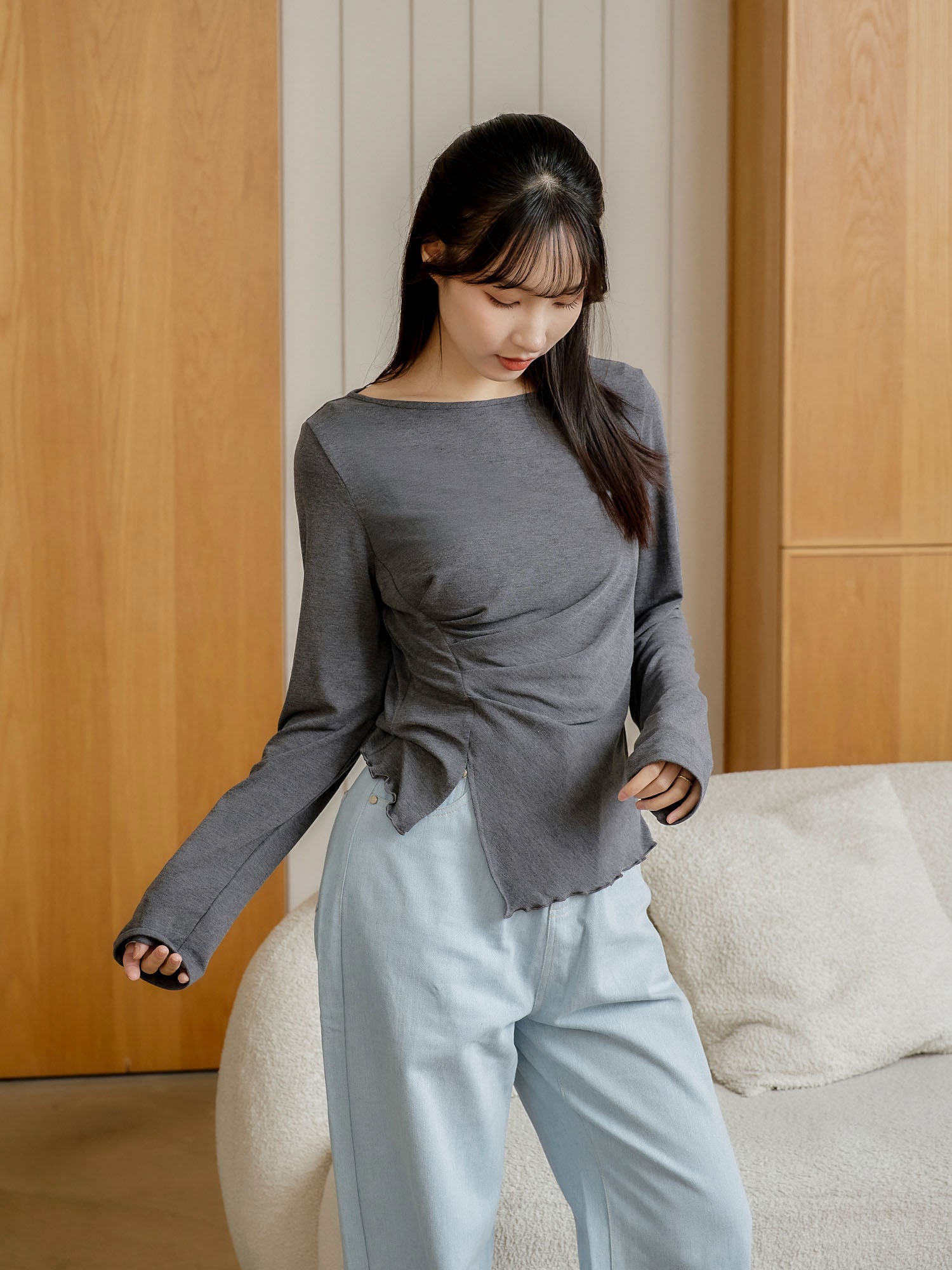 Feminine Asymmetric Pleated Drape Top