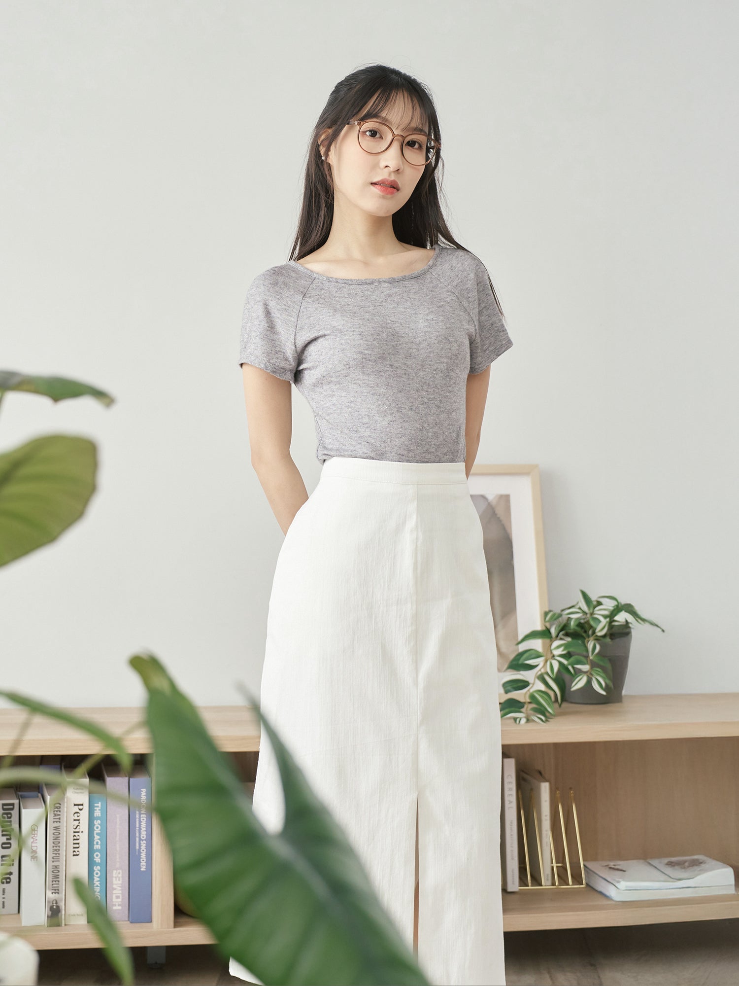 高腰前開衩半身裙