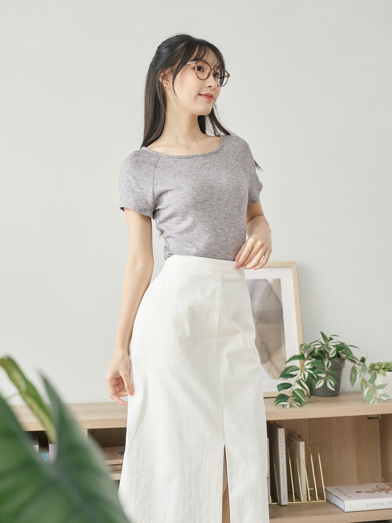 高腰前開衩半身裙