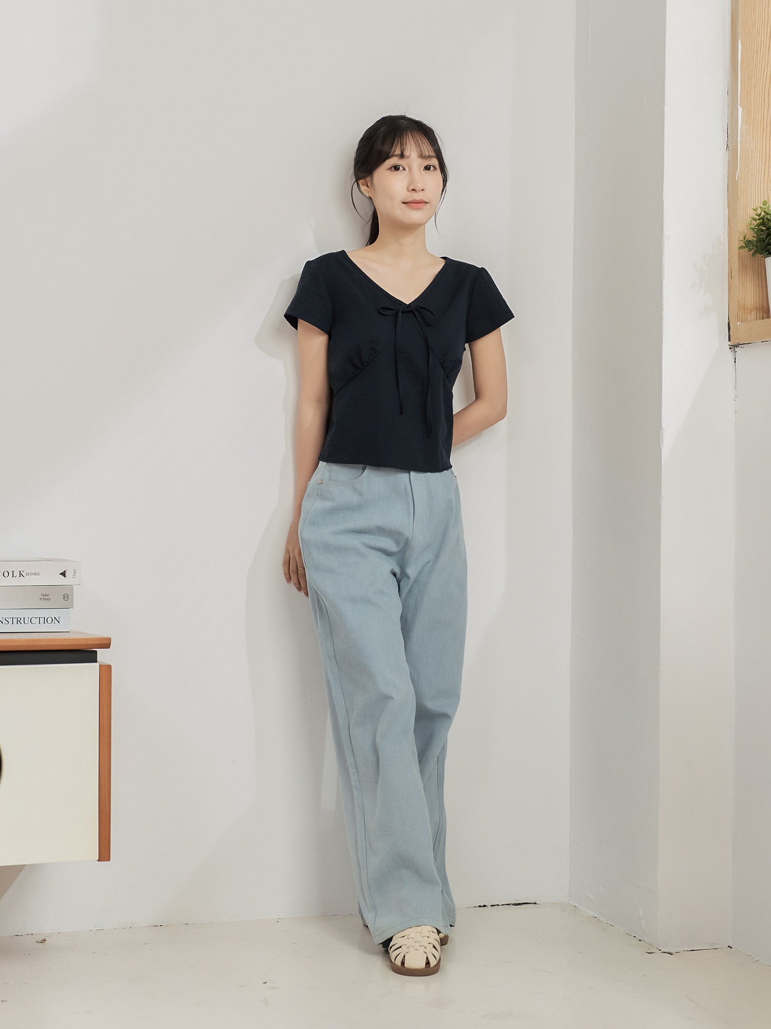 Ruffled Ribbon V-Neck Top