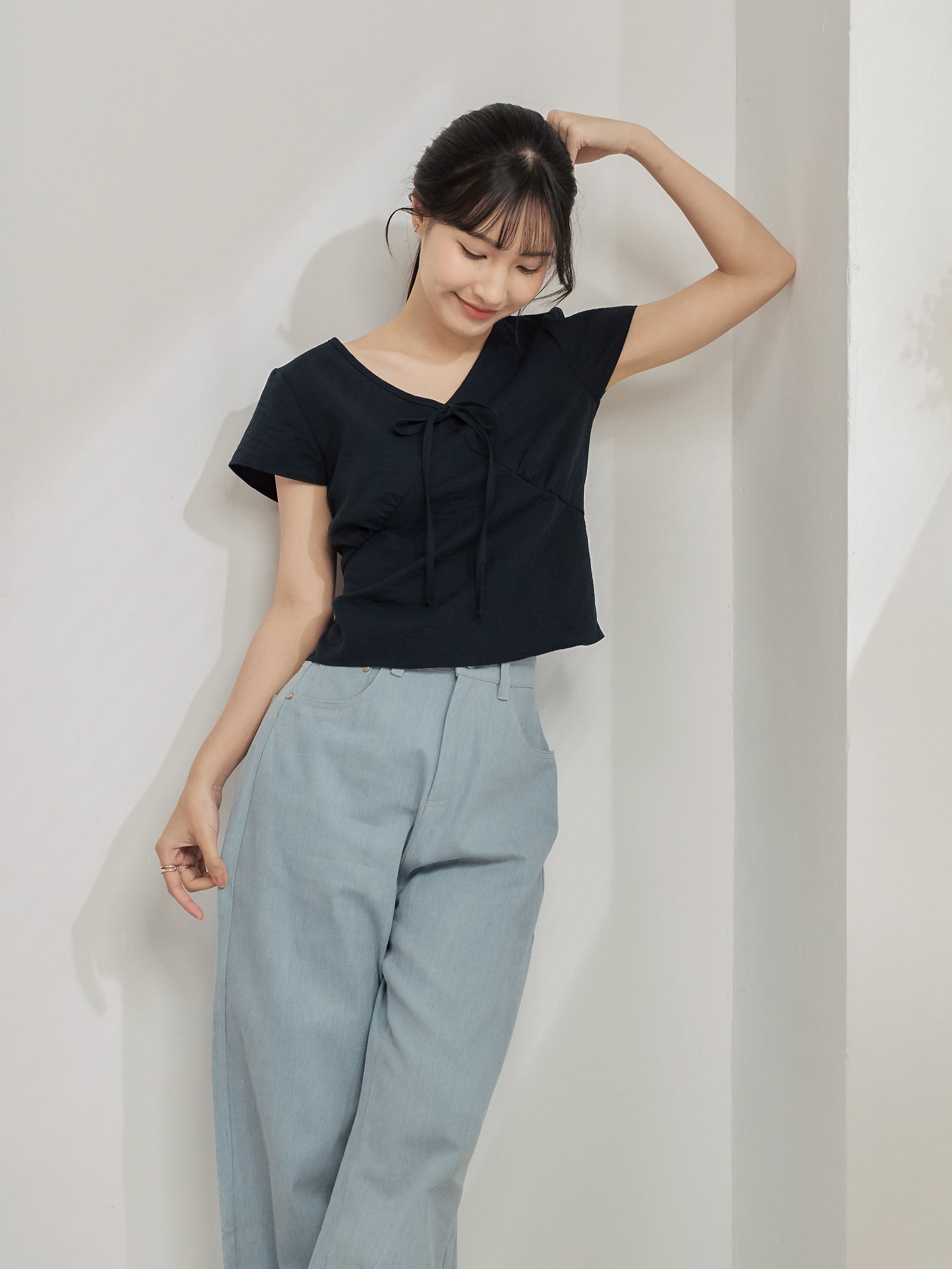 Ruffled Ribbon V-Neck Top