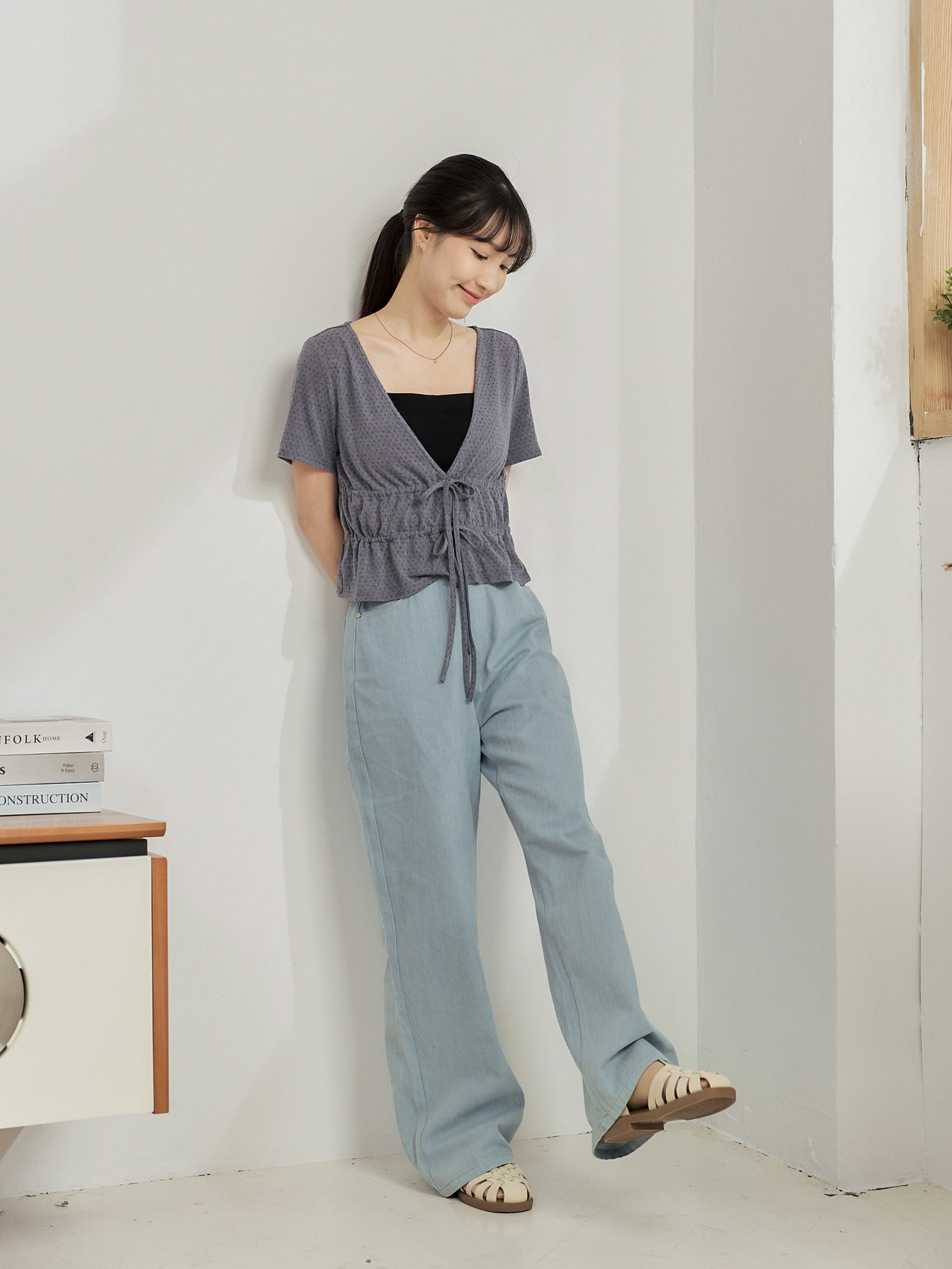 Pointelle V-Neck Tie Detail Top