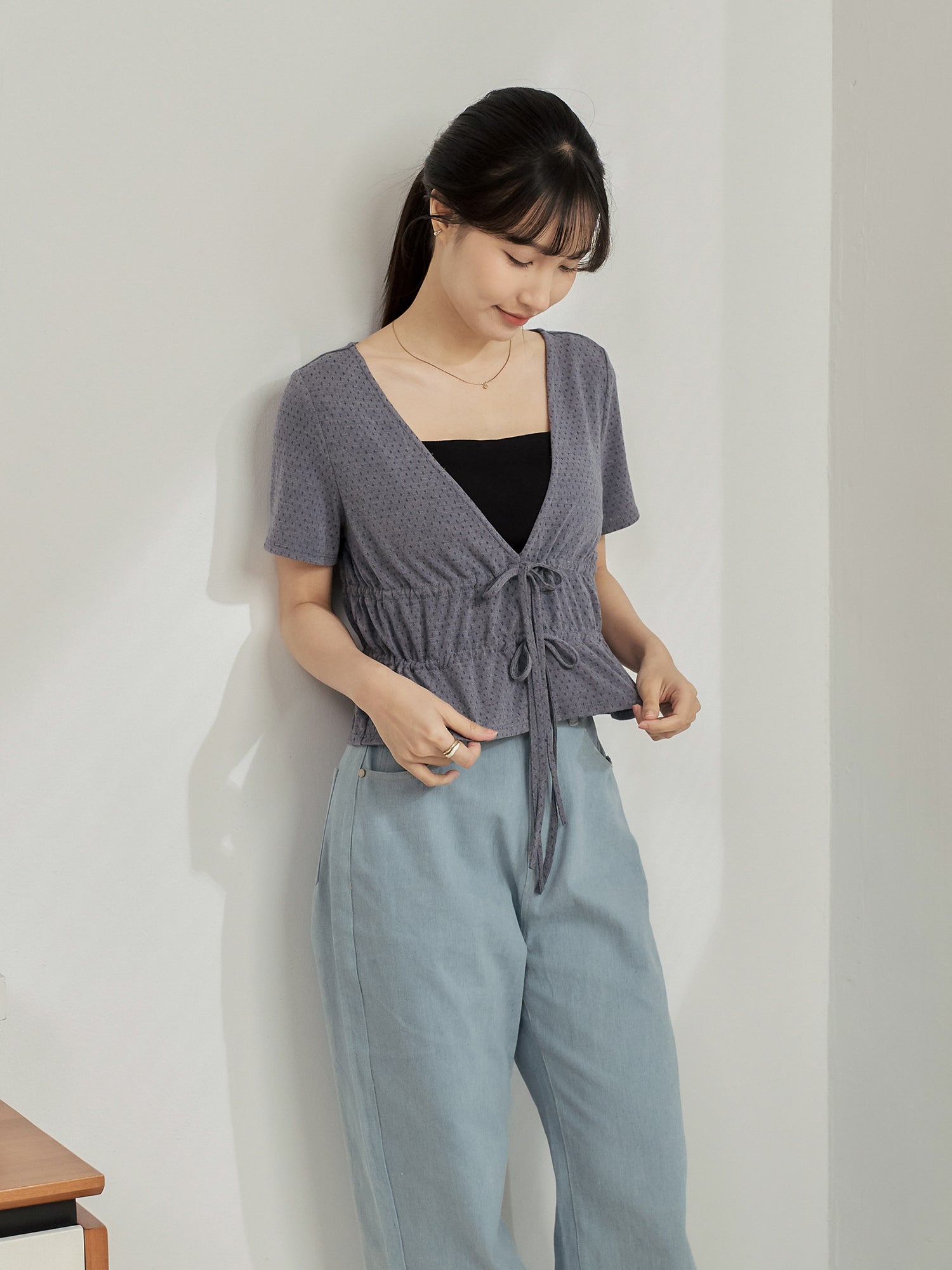 Pointelle V-Neck Tie Detail Top